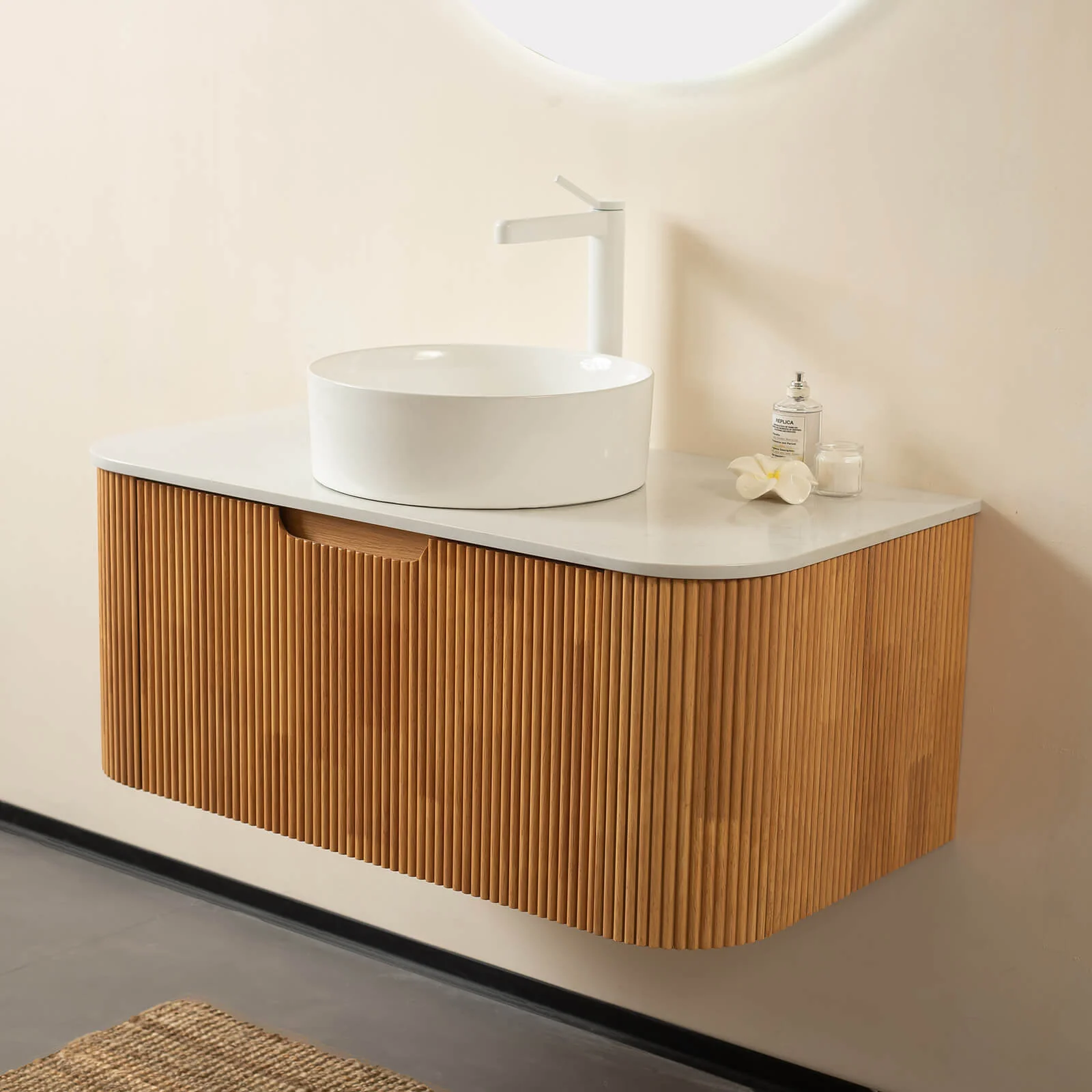 36" White Oak Curved Edges Floating Vanity with Round Vessel Sink - Image 3