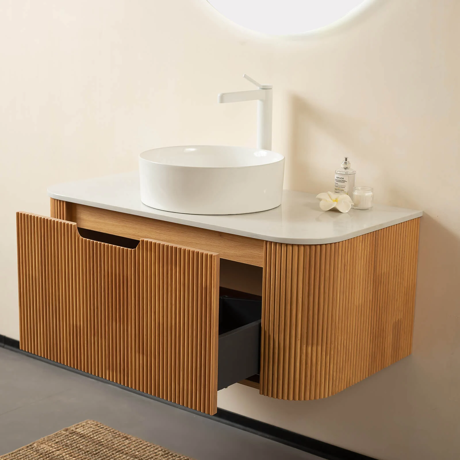 36" White Oak Curved Edges Floating Vanity with Round Vessel Sink - Image 4