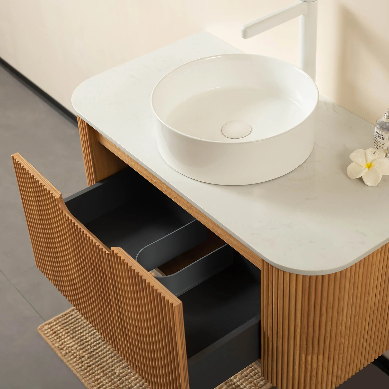 36" White Oak Curved Edges Floating Vanity with Round Vessel Sink - Image 5