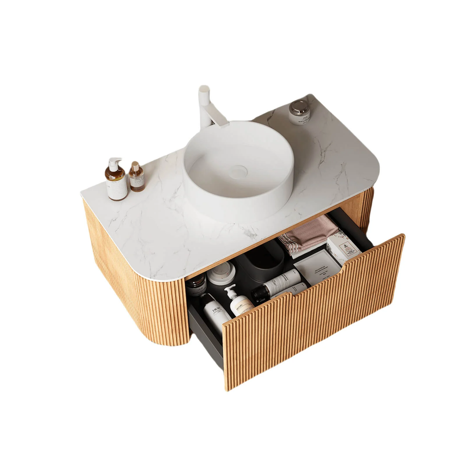36" White Oak Curved Edges Floating Vanity with Round Vessel Sink - Image 9