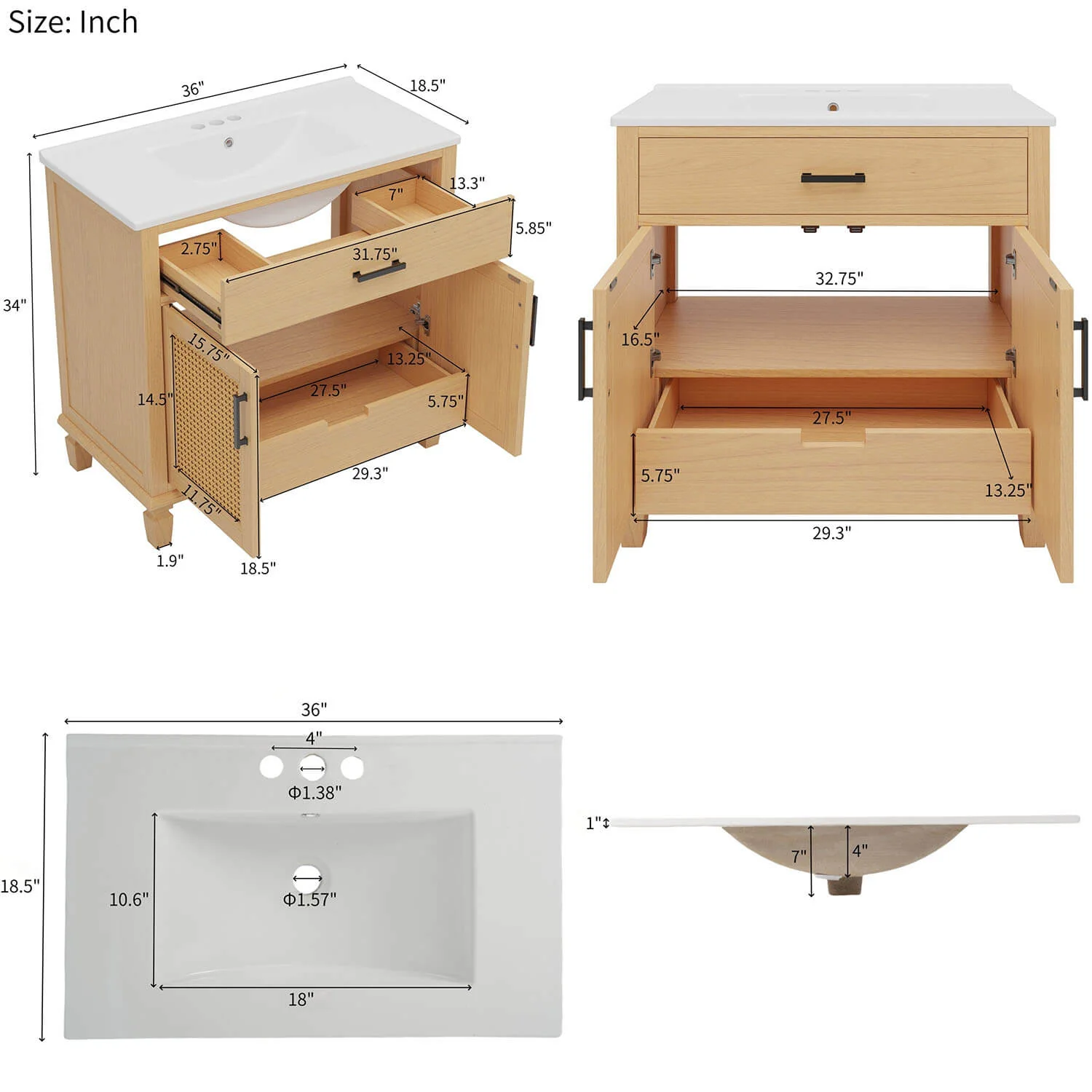 36" White Oak Freestanding Bathroom Vanity with Ceramic Sink & Rattan Door - Image 7