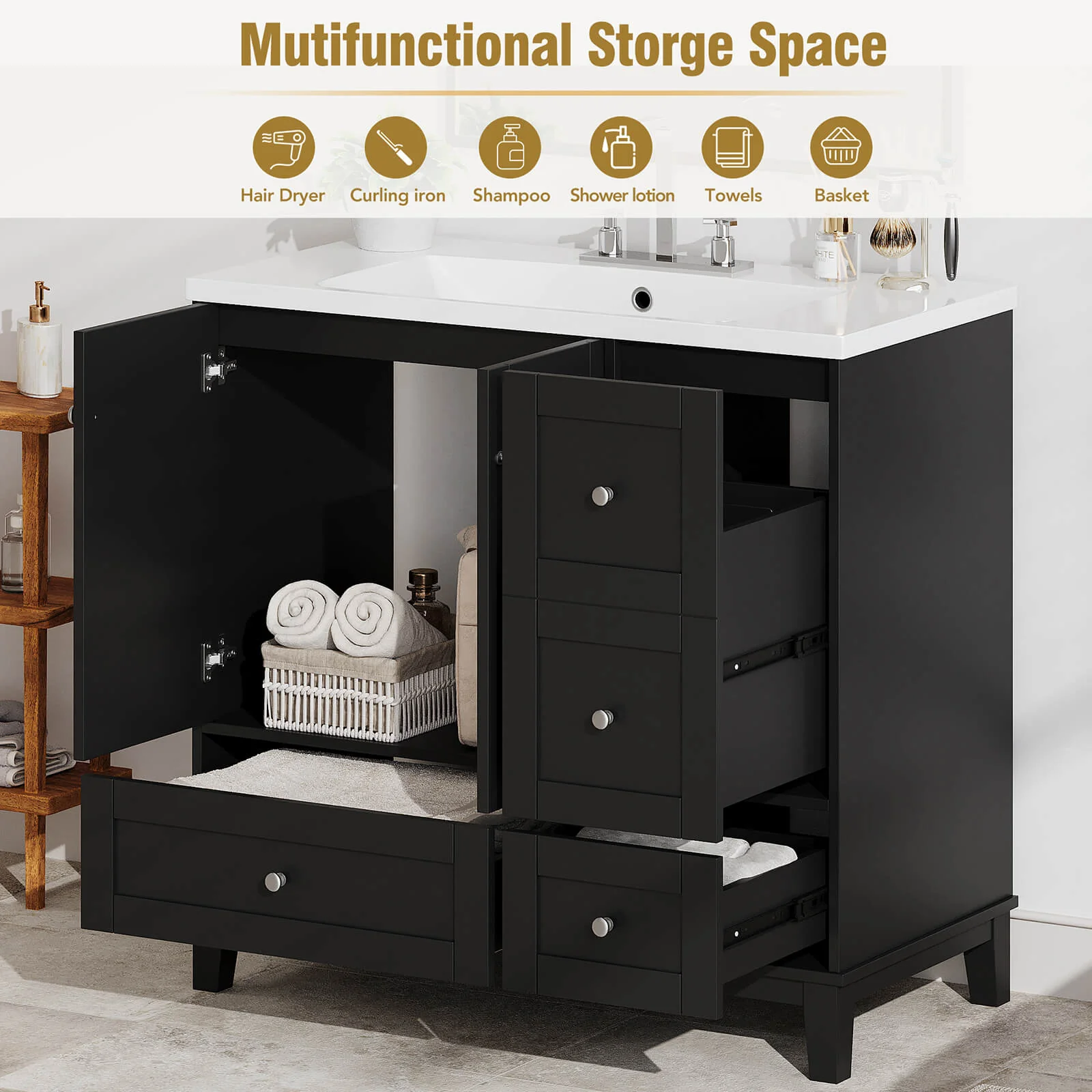 36'' Black Bathroom Vanity with Integrated USB Charging - Image 5