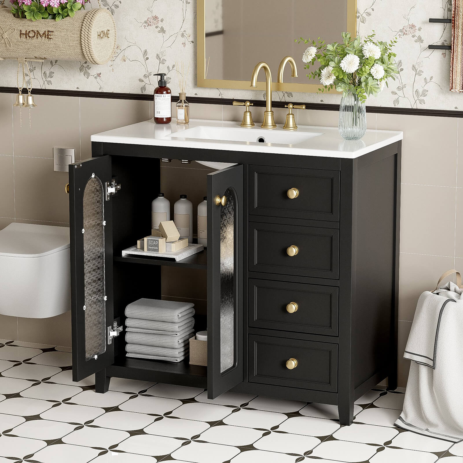36" Black Bathroom Vanity with Patterned Glass Doors - Image 3
