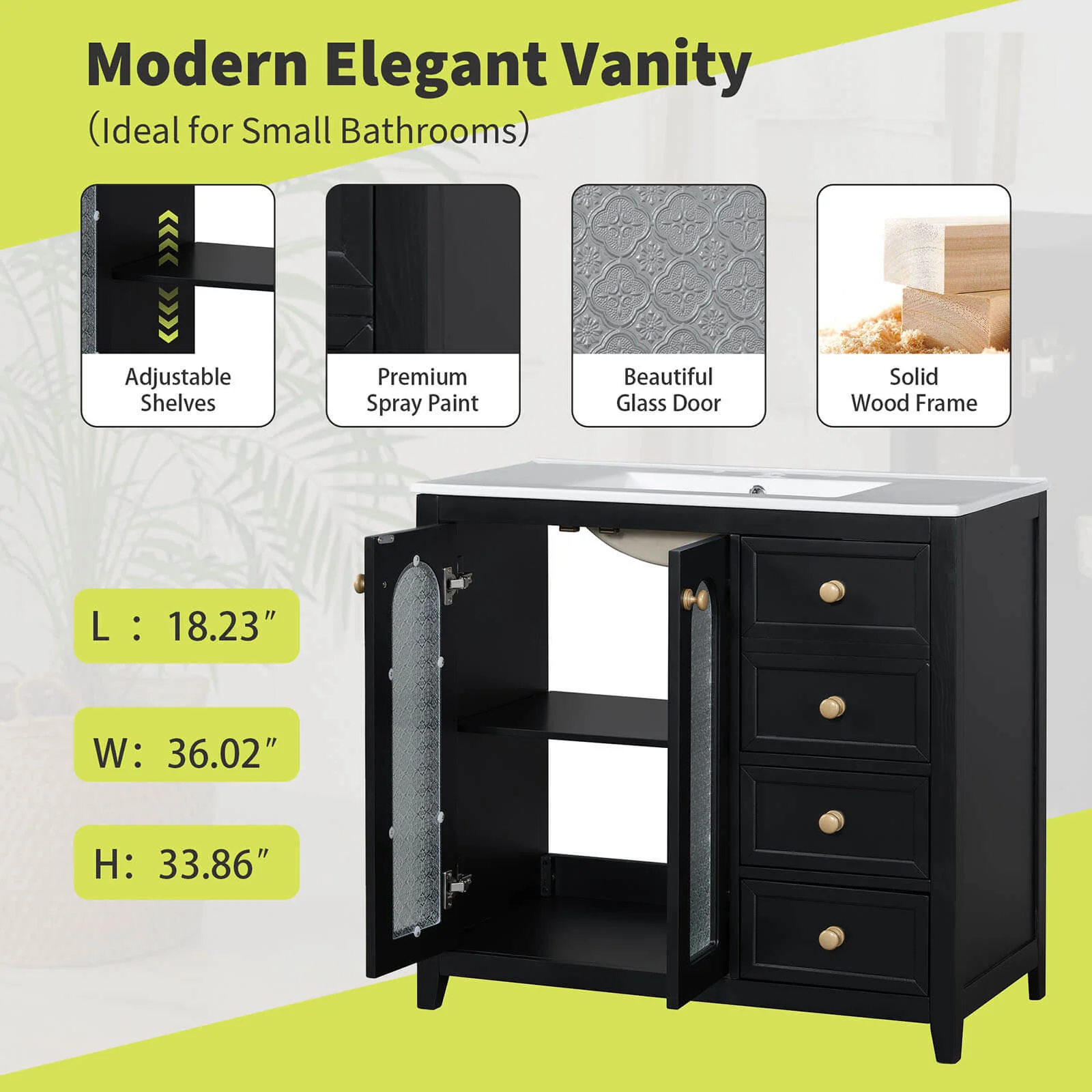 36" Black Bathroom Vanity with Patterned Glass Doors - Image 4