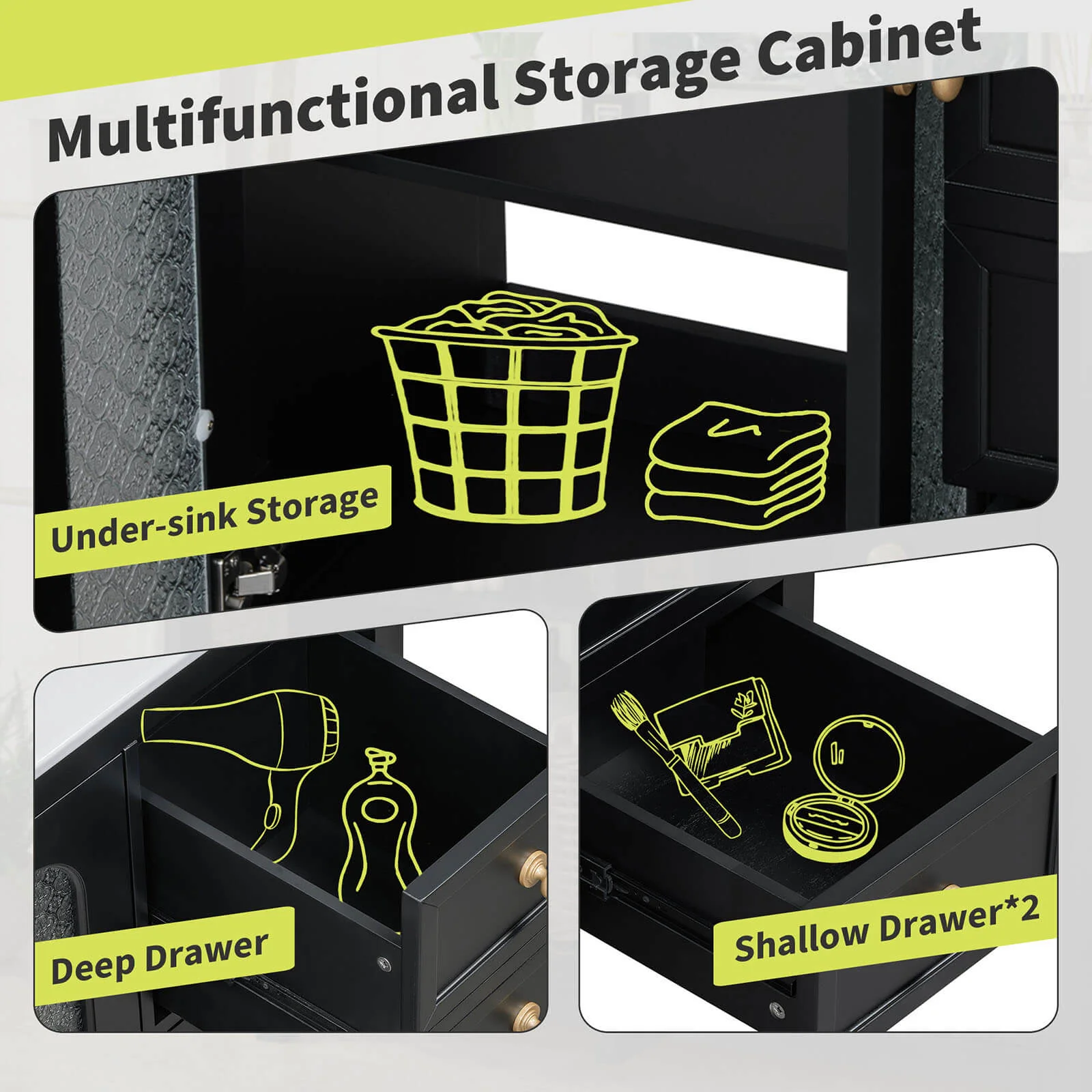 36" Black Bathroom Vanity with Patterned Glass Doors - Image 7