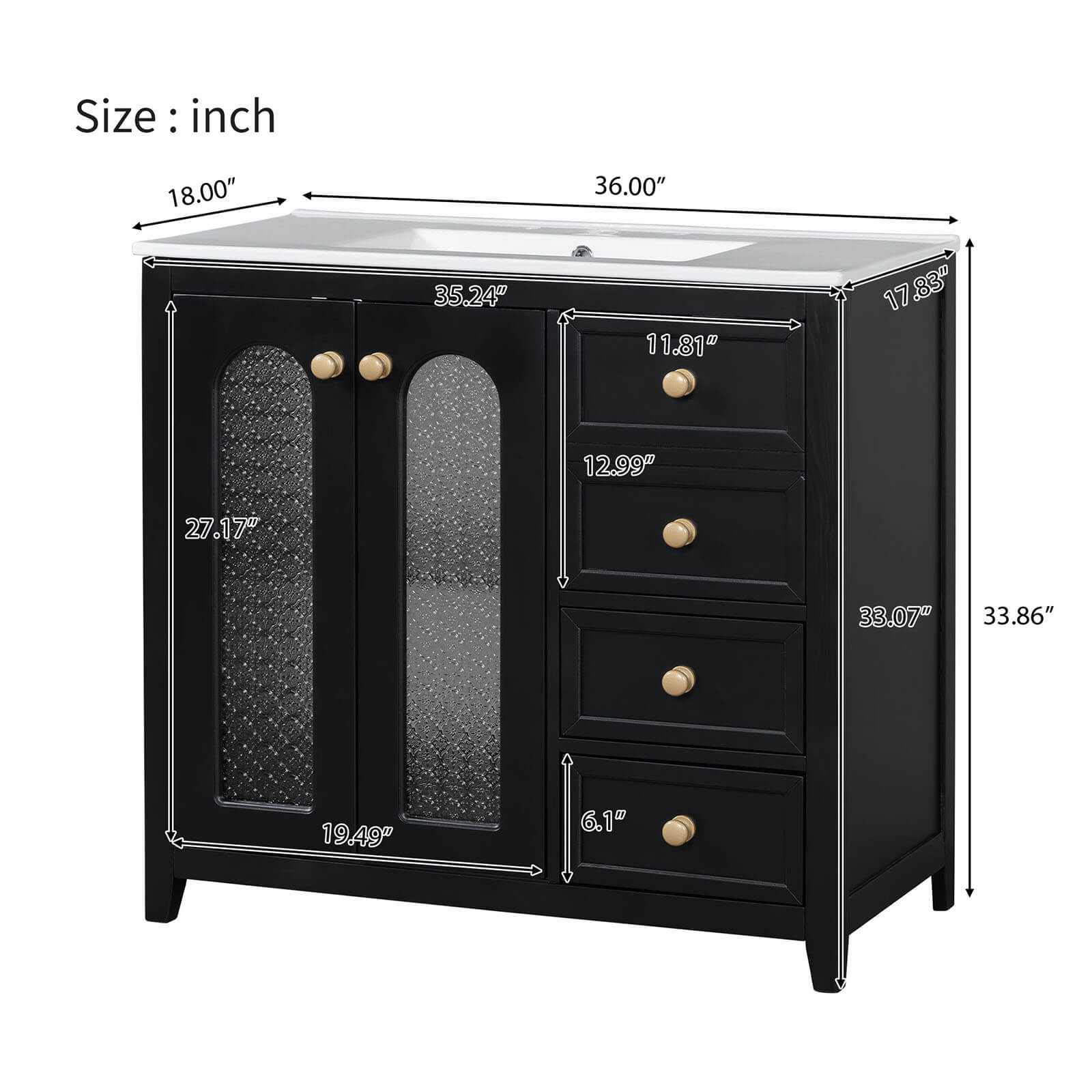 36" Black Bathroom Vanity with Patterned Glass Doors - Image 9