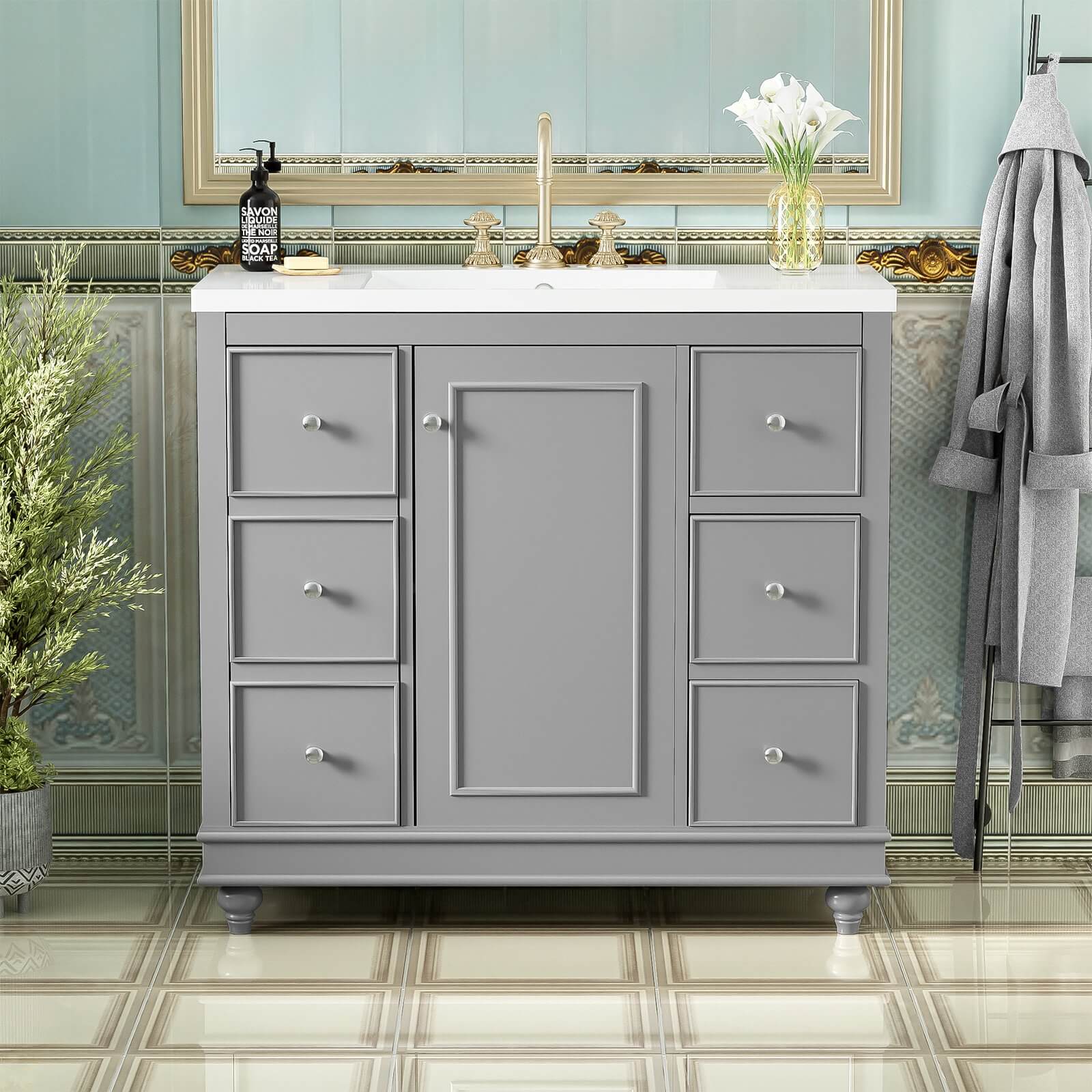 36" Gray Bathroom Vanity with Hair Dryer Storage