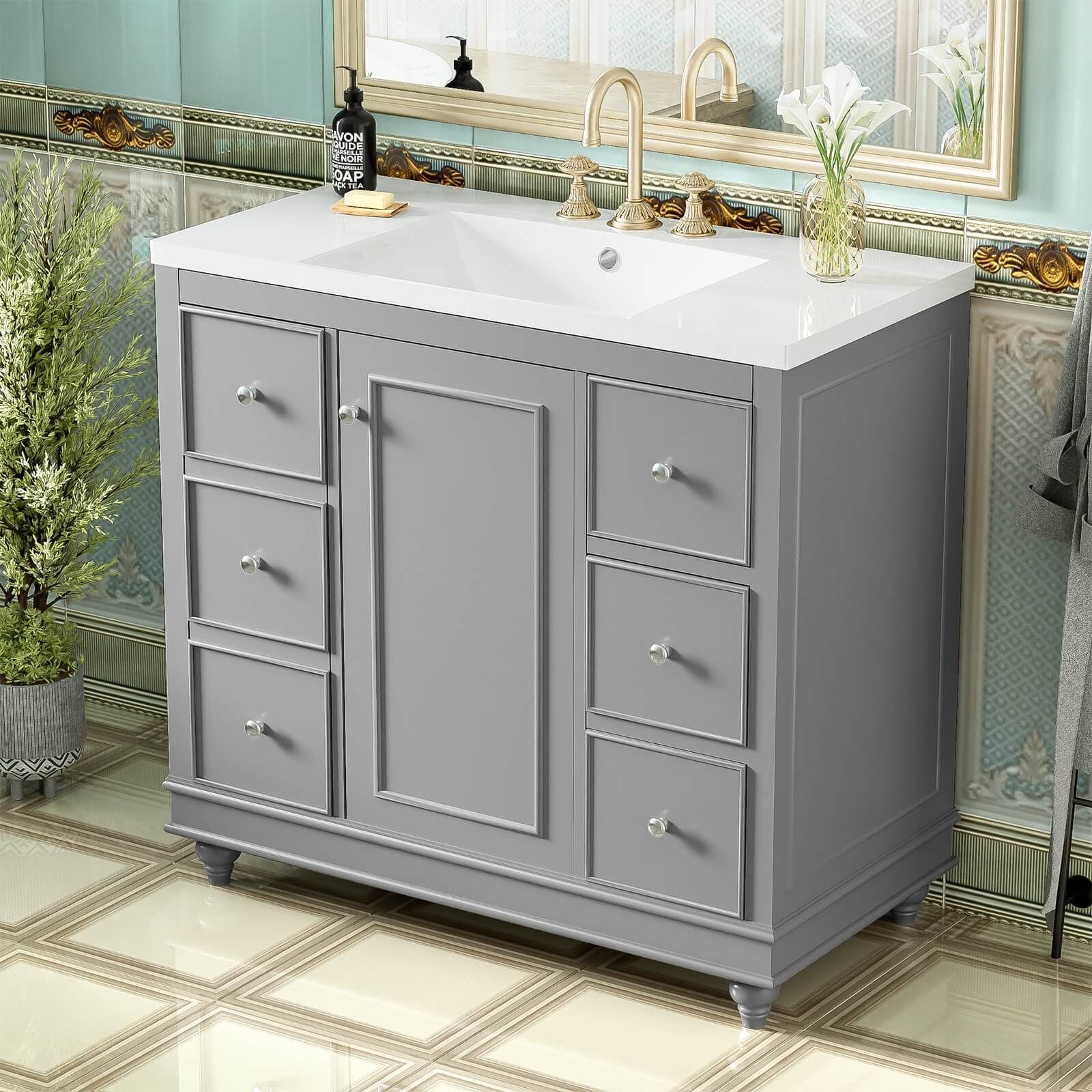36" Gray Bathroom Vanity with Hair Dryer Storage - Image 2