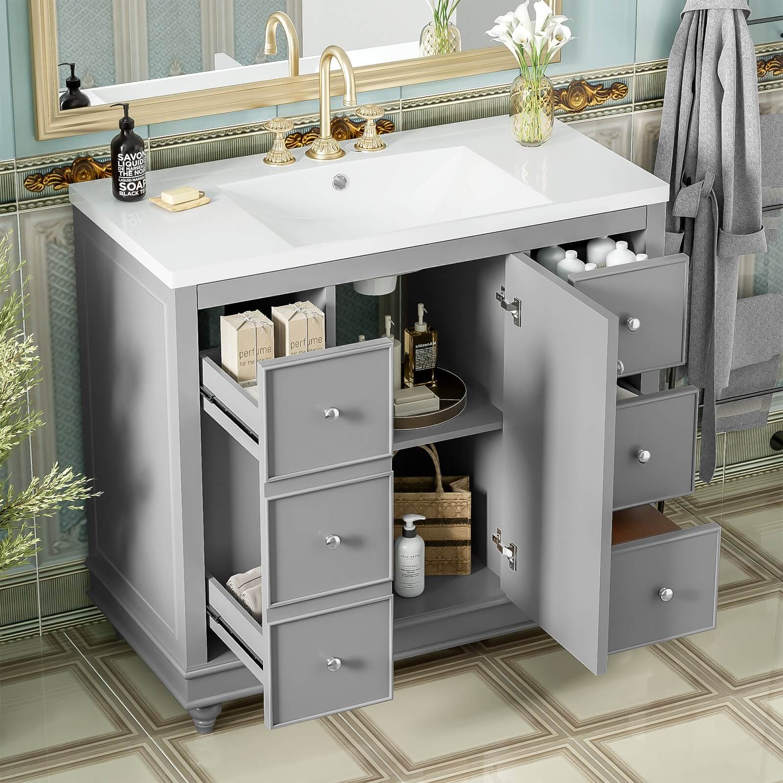 36" Gray Bathroom Vanity with Hair Dryer Storage - Image 3