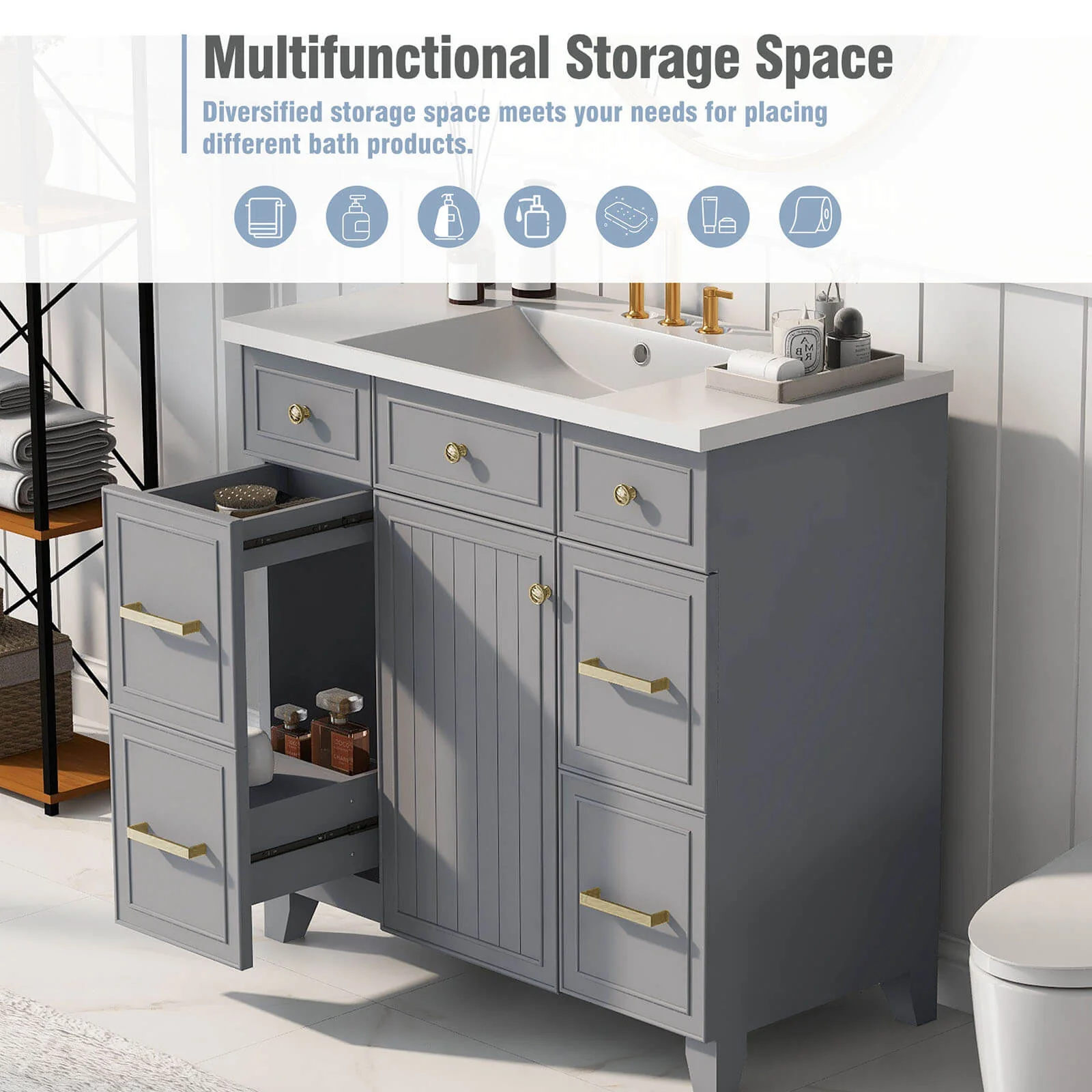 36" Gray Bathroom Vanity with Integrated Resin Sink - Image 5