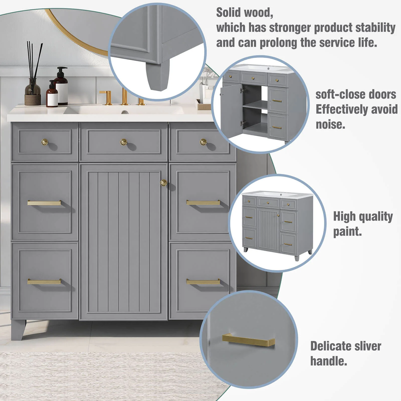36" Gray Bathroom Vanity with Integrated Resin Sink - Image 6