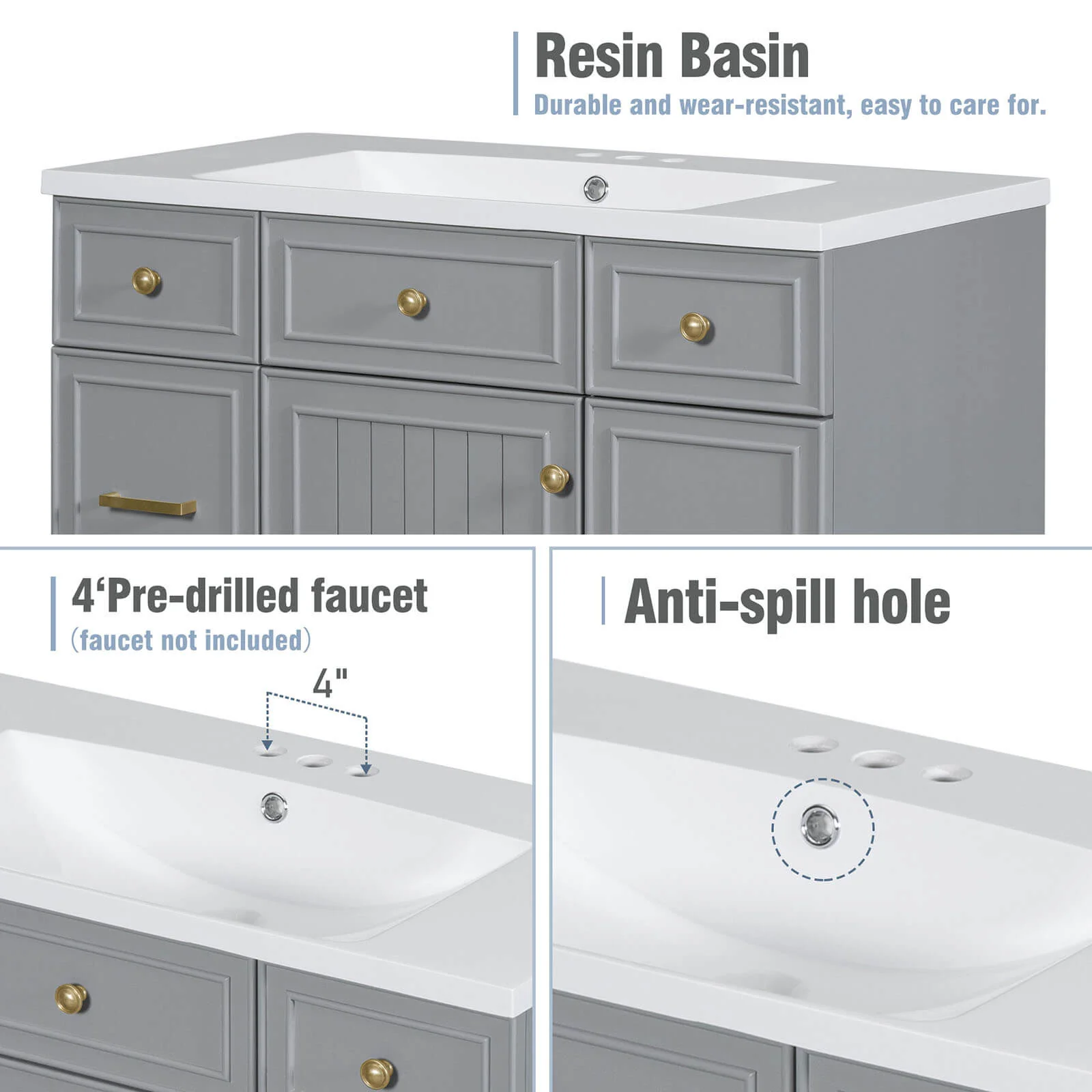 36" Gray Bathroom Vanity with Integrated Resin Sink - Image 8