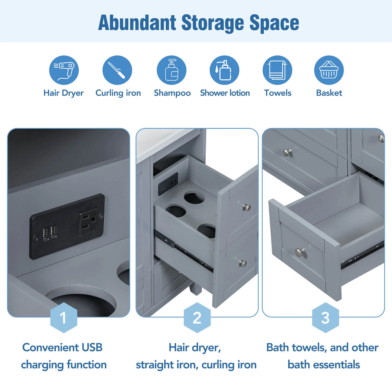 36'' Gray Bathroom Vanity with Integrated USB Charging - Image 20