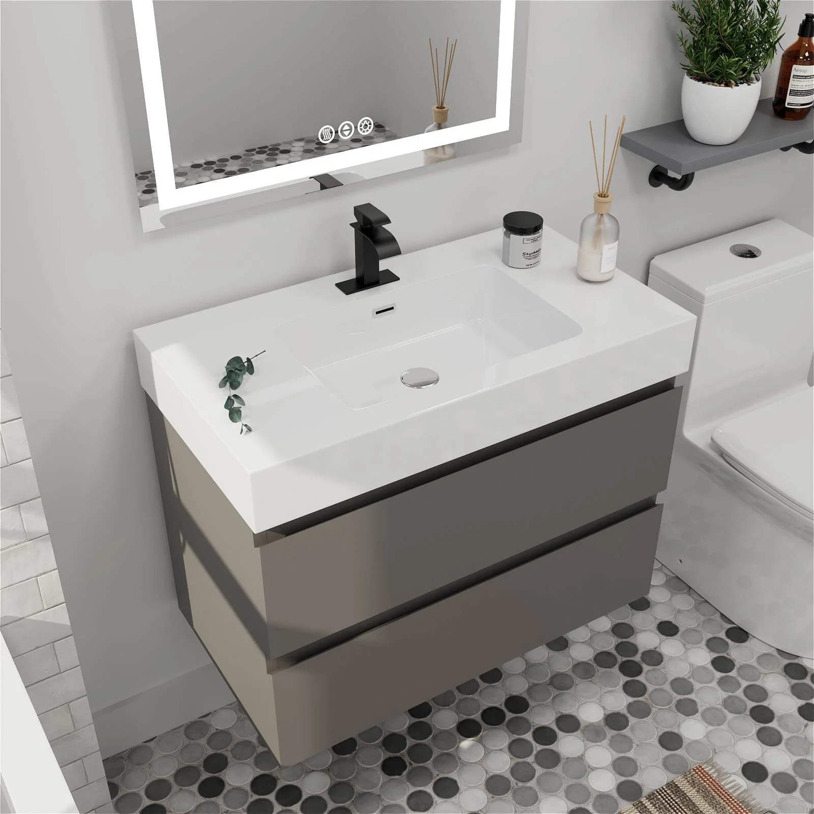 36" Gray Vanity with White Single Sink - Image 3