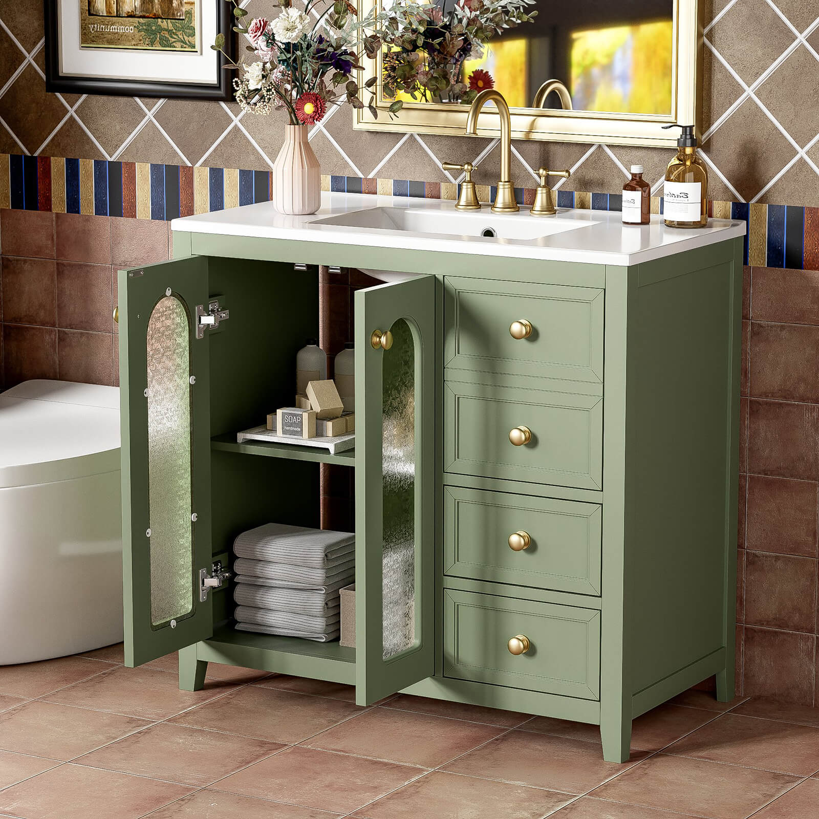 36" Green Bathroom Vanity with Patterned Glass Doors - Image 3