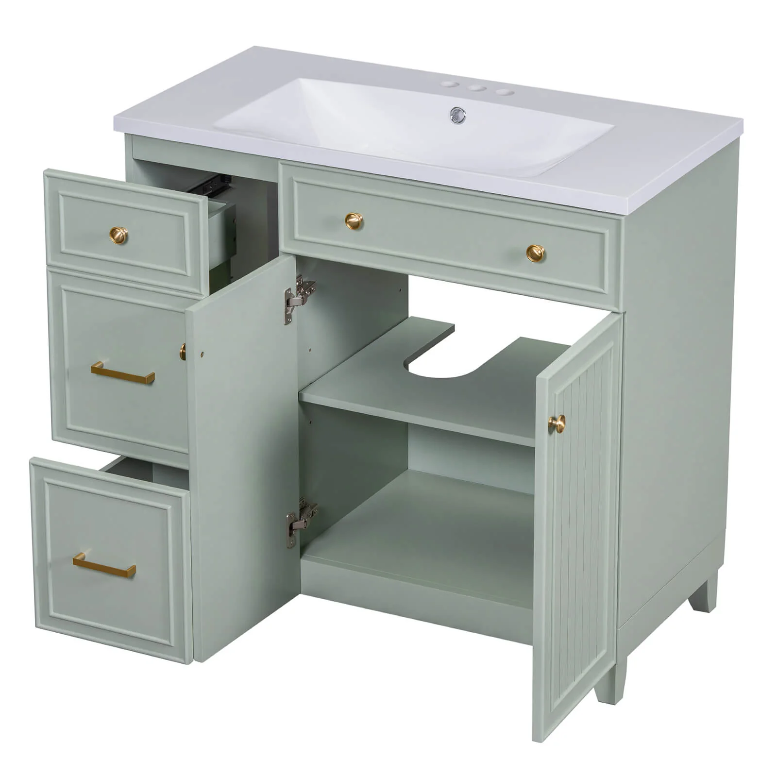 36" Light Gray-Green Bathroom Vanity with Adjustable Shelves - Image 16
