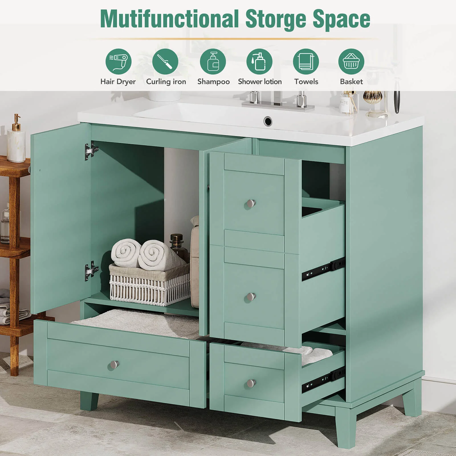 36'' Mint Green Bathroom Vanity with Integrated USB Charging - Image 17