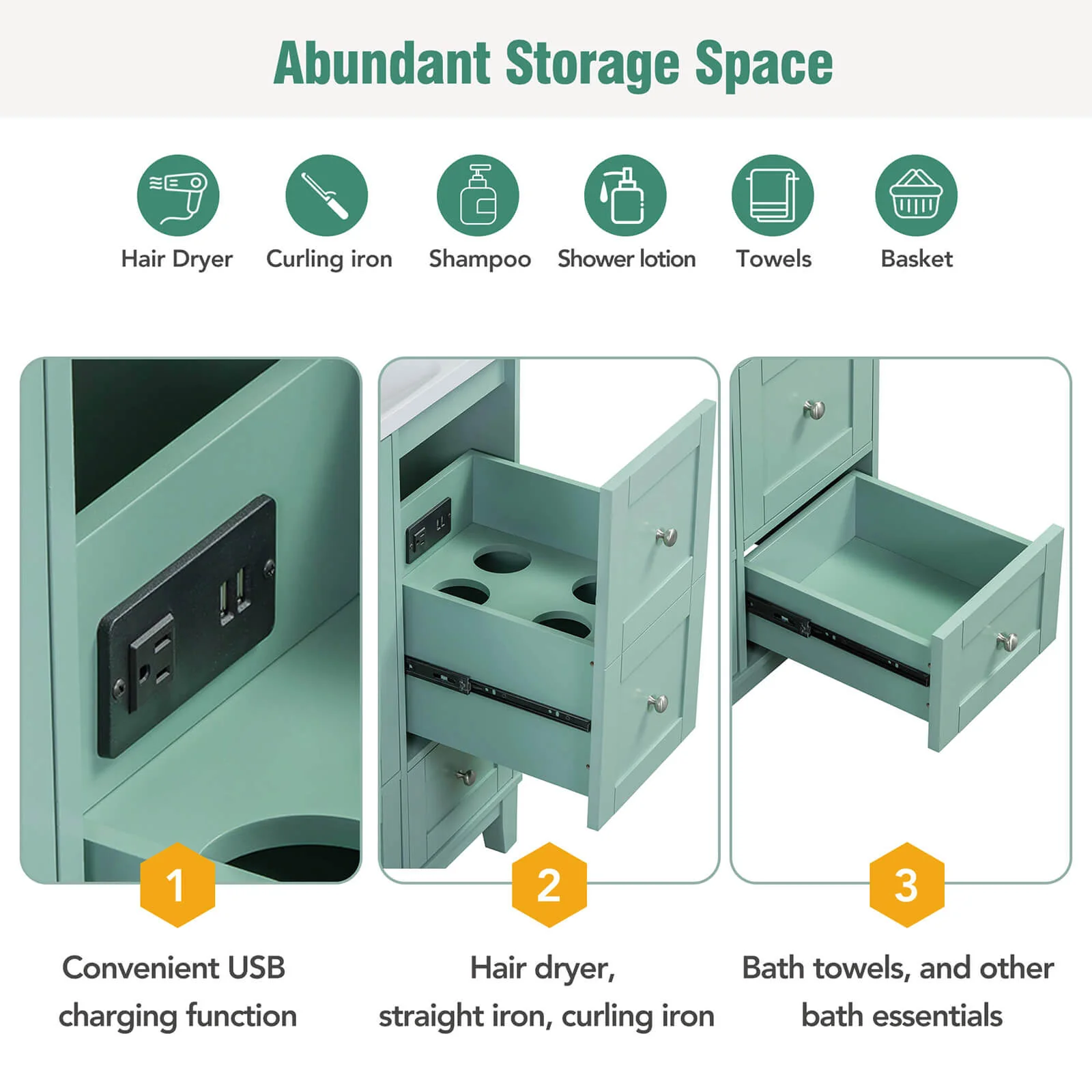 36'' Mint Green Bathroom Vanity with Integrated USB Charging - Image 18