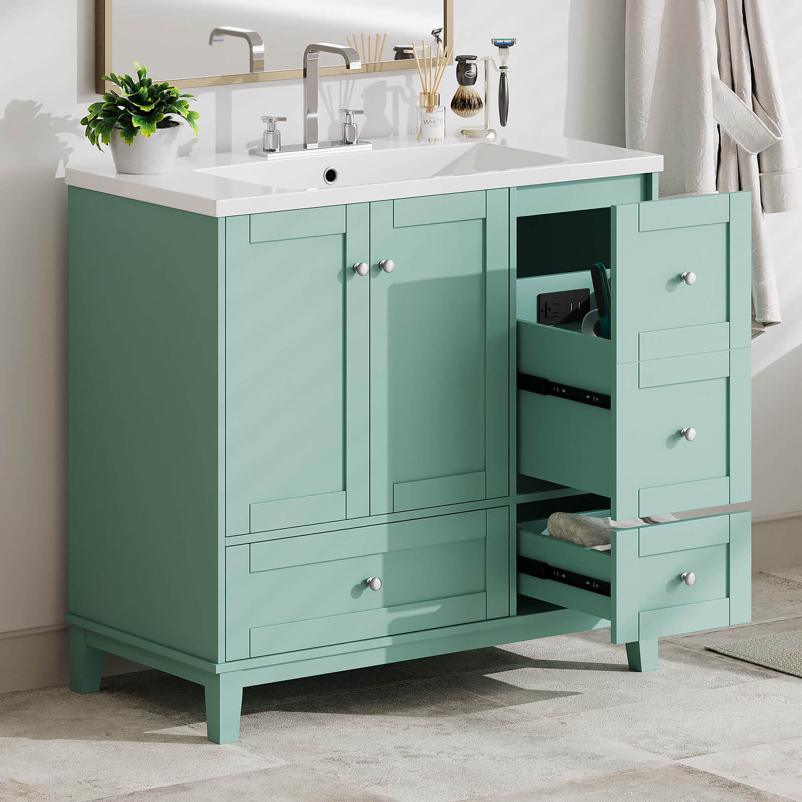 36'' Mint Green Bathroom Vanity with Integrated USB Charging - Image 2