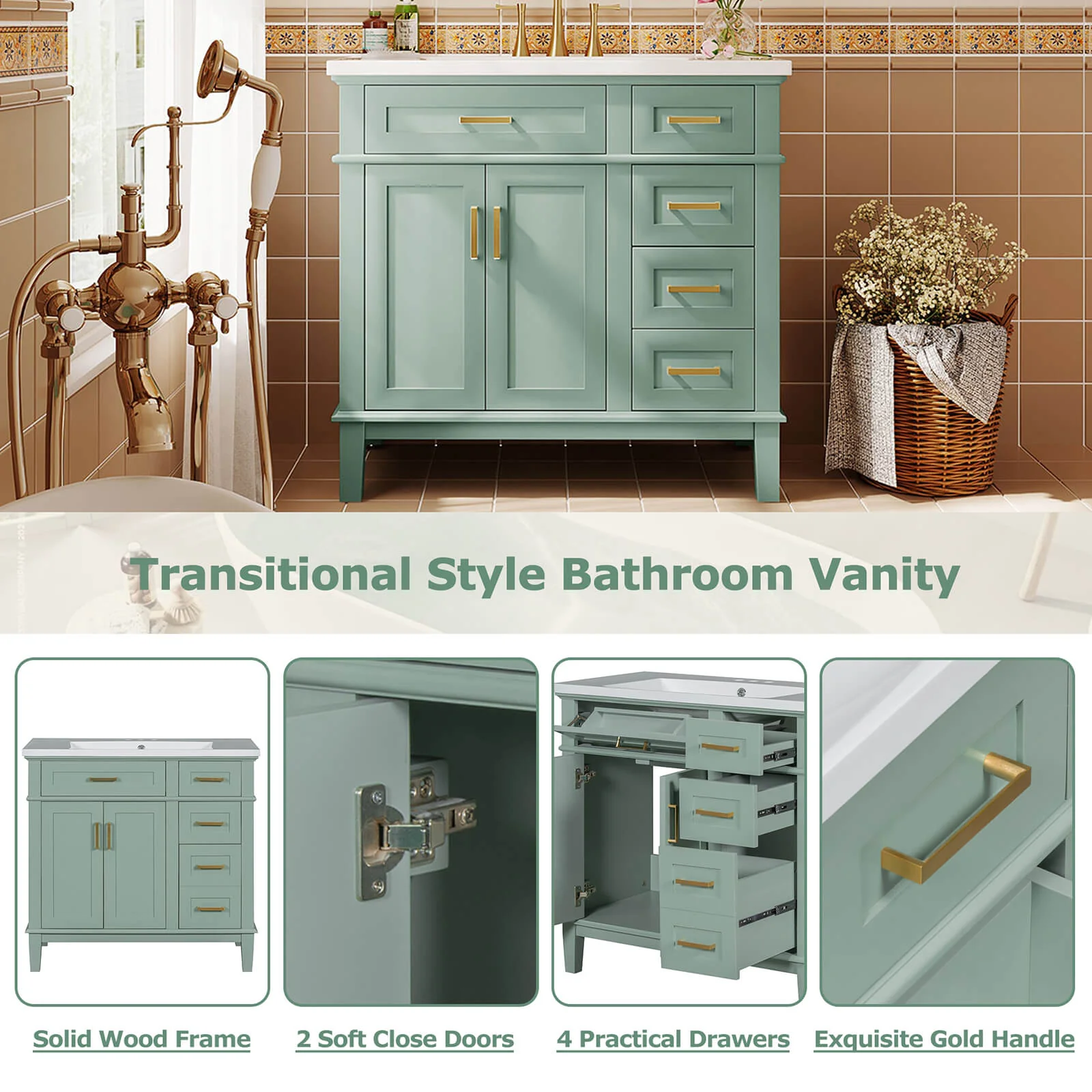36" Mint Green Solid Wood Bathroom Vanity with Ceramic Sink - Image 4