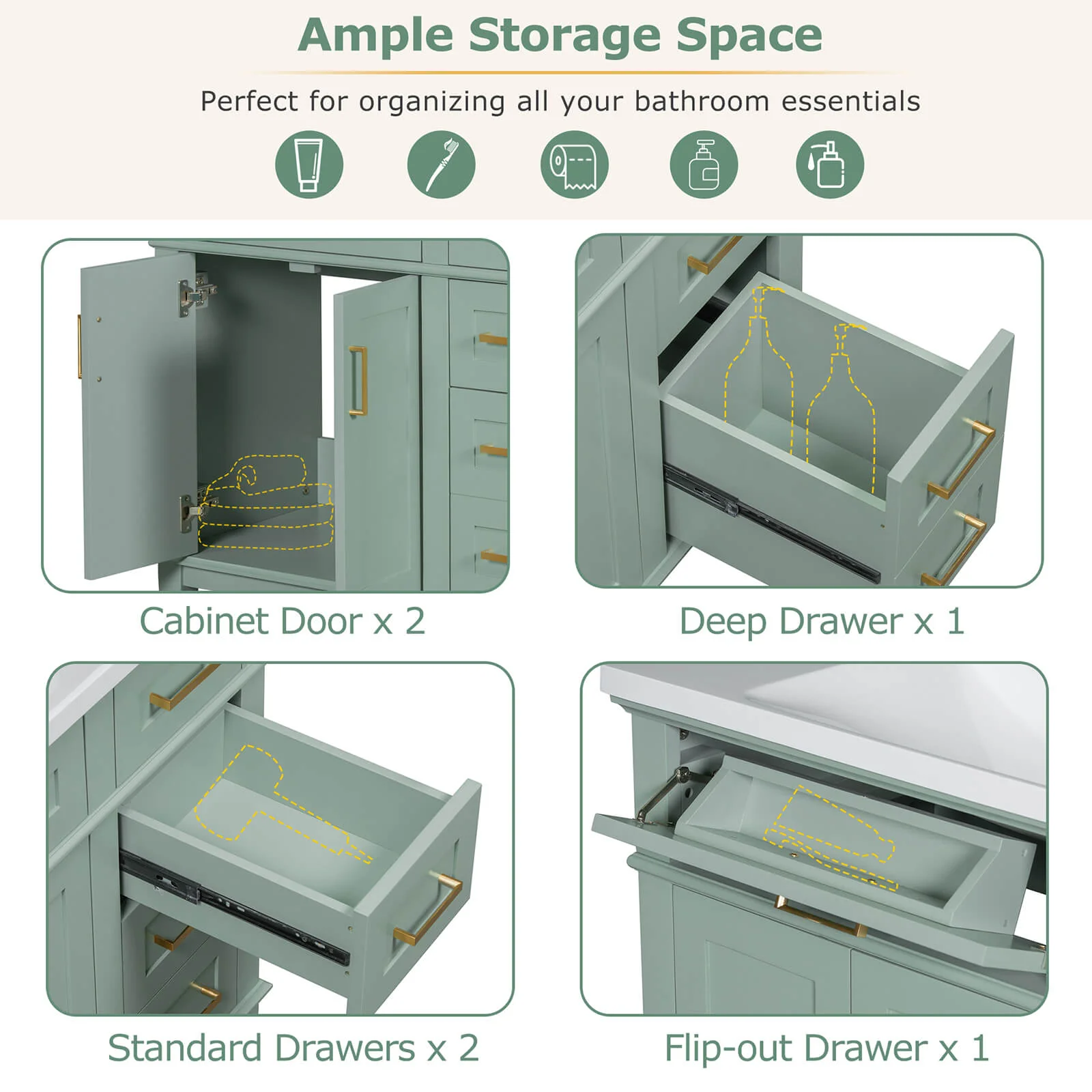 36" Mint Green Solid Wood Bathroom Vanity with Ceramic Sink - Image 5