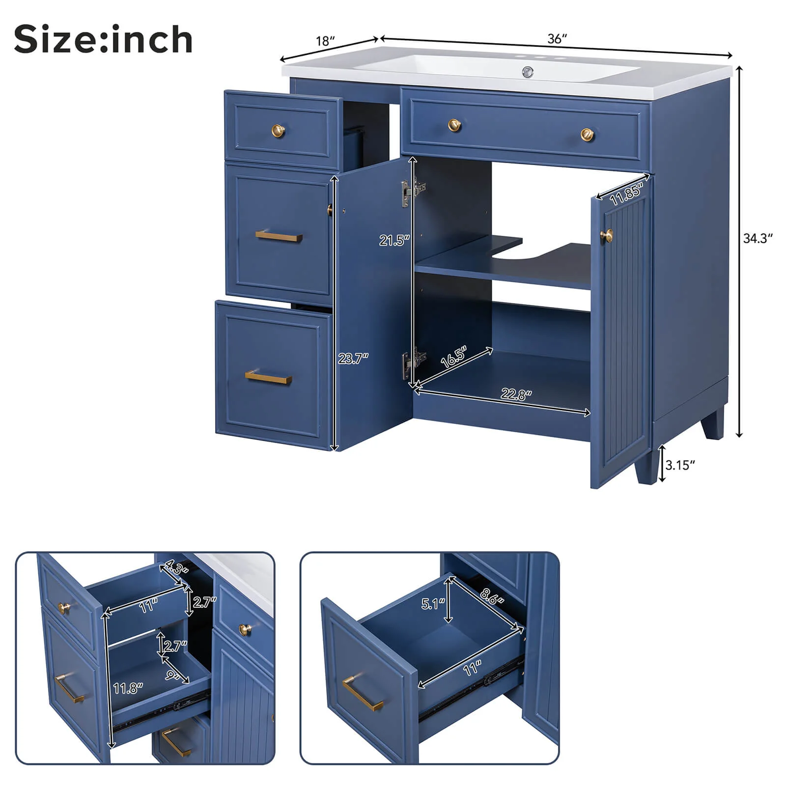 36" Navy Blue Bathroom Vanity with Adjustable Shelves - Image 8