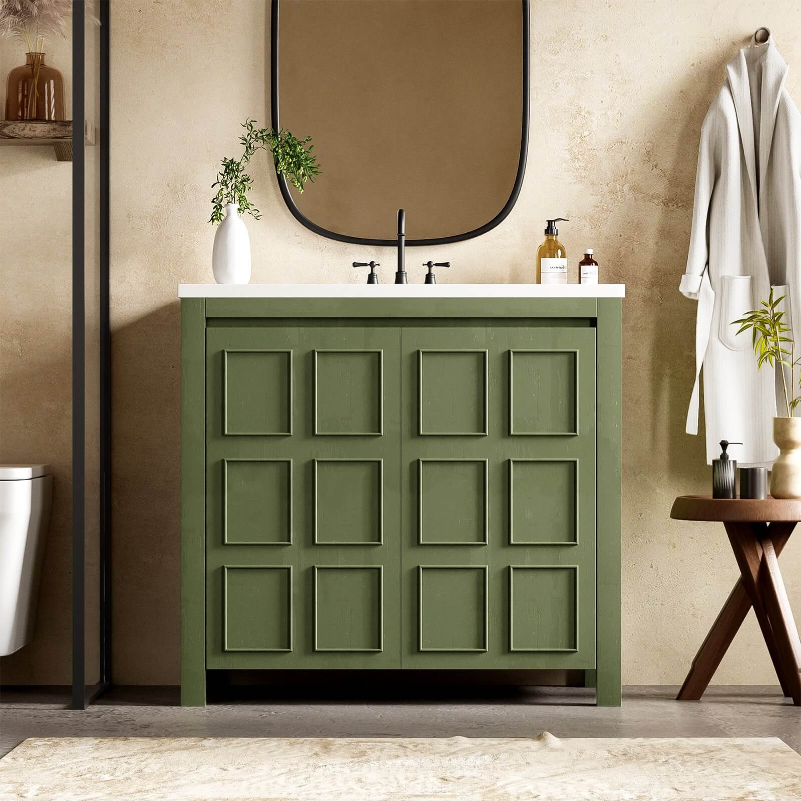 36" Olive Green Bathroom Vanity with Grid-Patterned Doors
