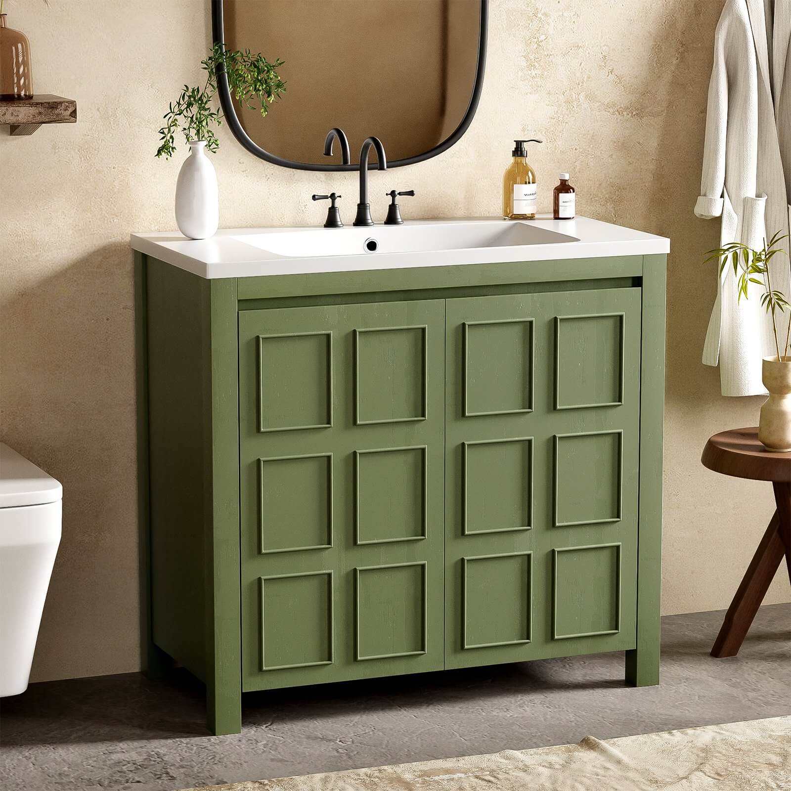 36" Olive Green Bathroom Vanity with Grid-Patterned Doors - Image 3