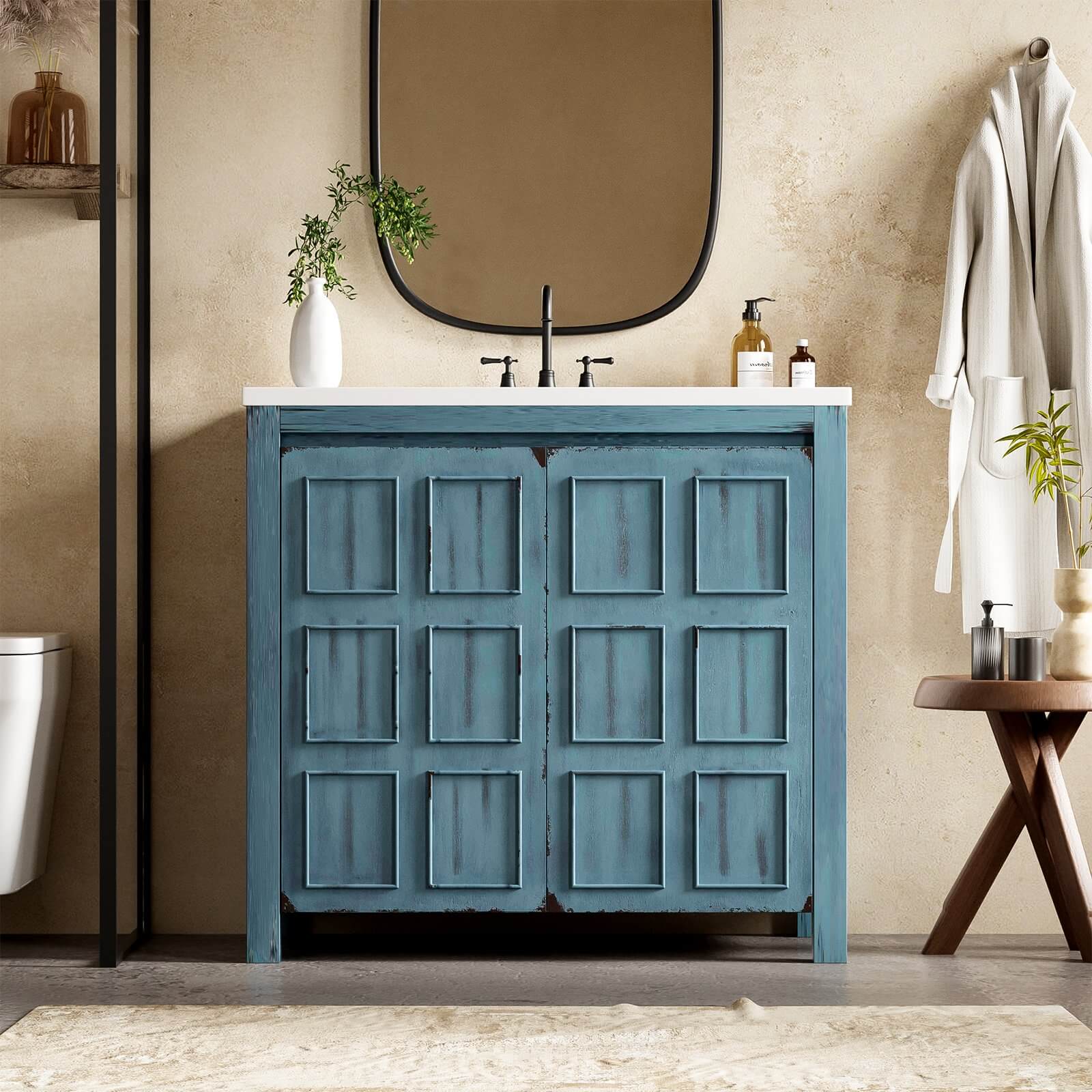 36" Retro Blue Bathroom Vanity with Grid-Patterned Doors