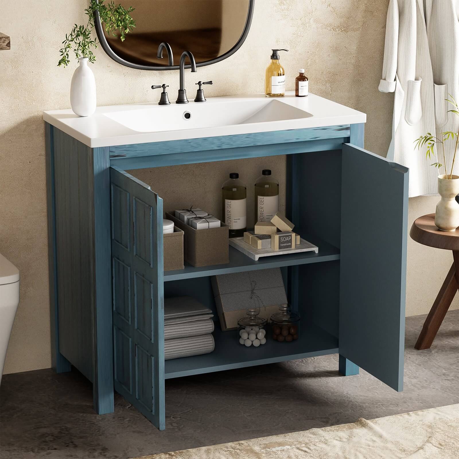 36" Retro Blue Bathroom Vanity with Grid-Patterned Doors - Image 2