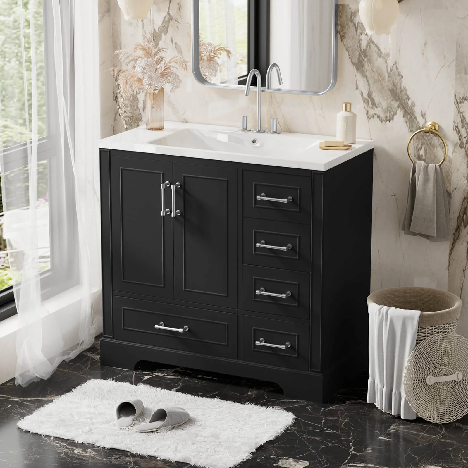 36" Traditional Black Bathroom Vanity with Ceramic Sink - Image 2