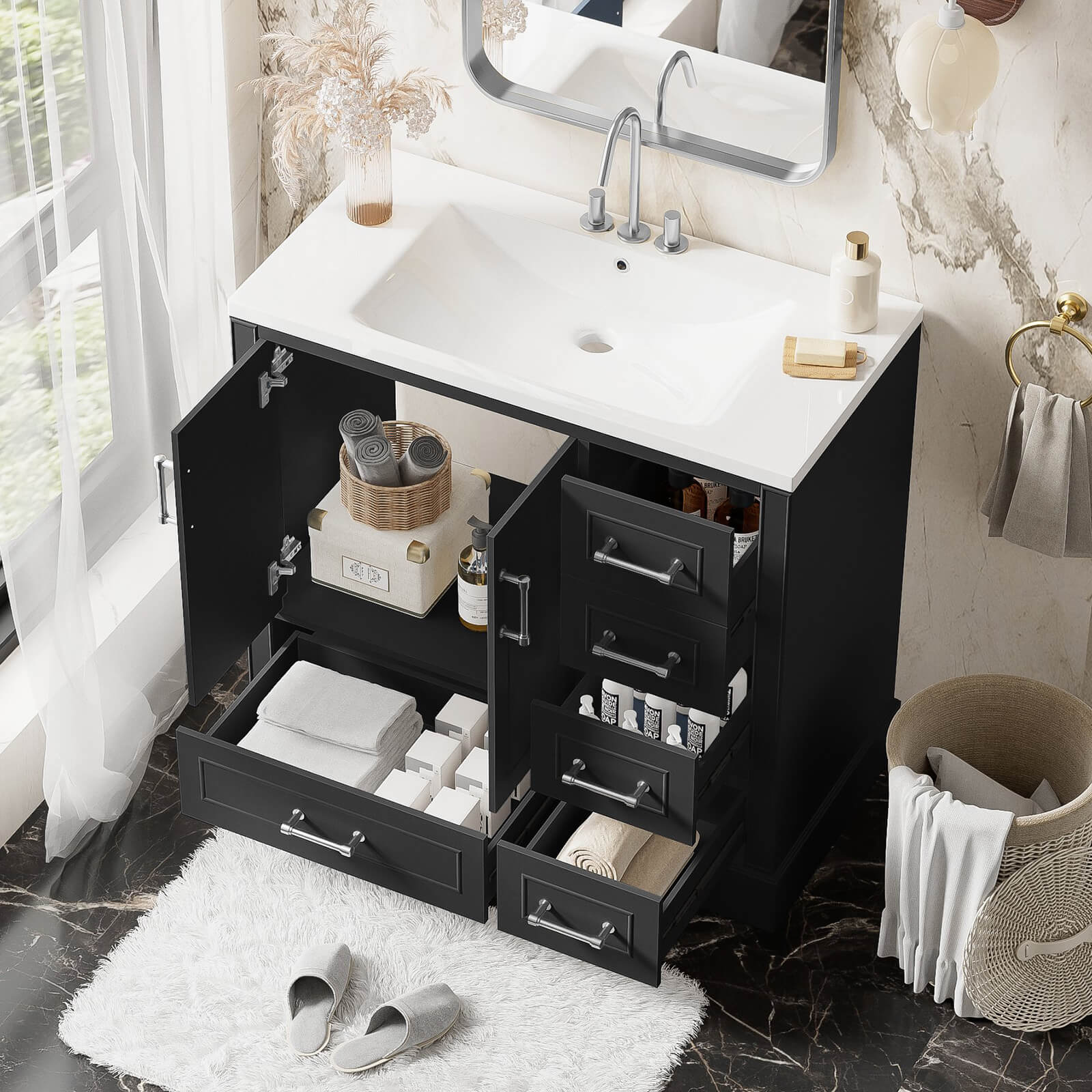 36" Traditional Black Bathroom Vanity with Ceramic Sink - Image 3