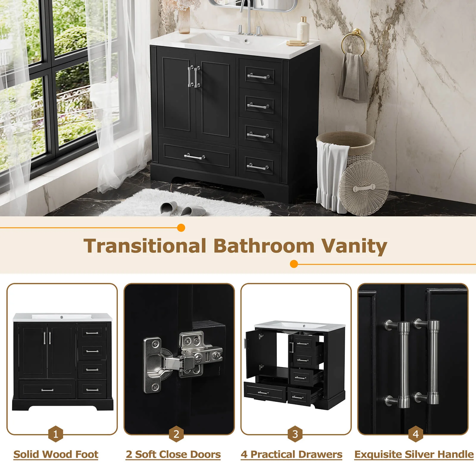36" Traditional Black Bathroom Vanity with Ceramic Sink - Image 4