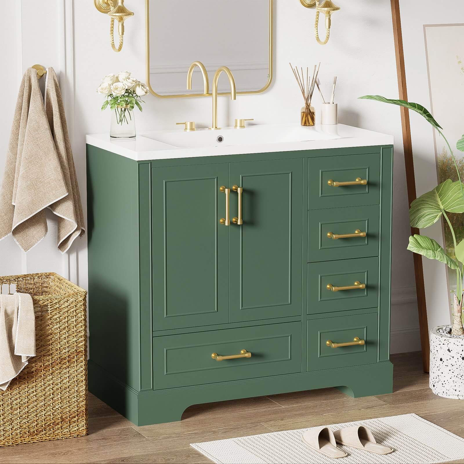 36" Traditional Green Bathroom Vanity with Resin Sink - Image 2