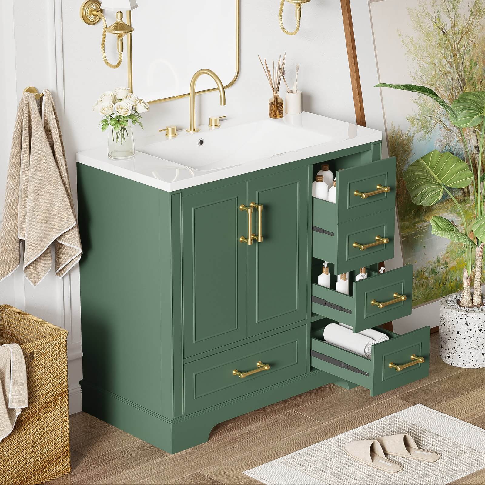 36" Traditional Green Bathroom Vanity with Resin Sink - Image 3