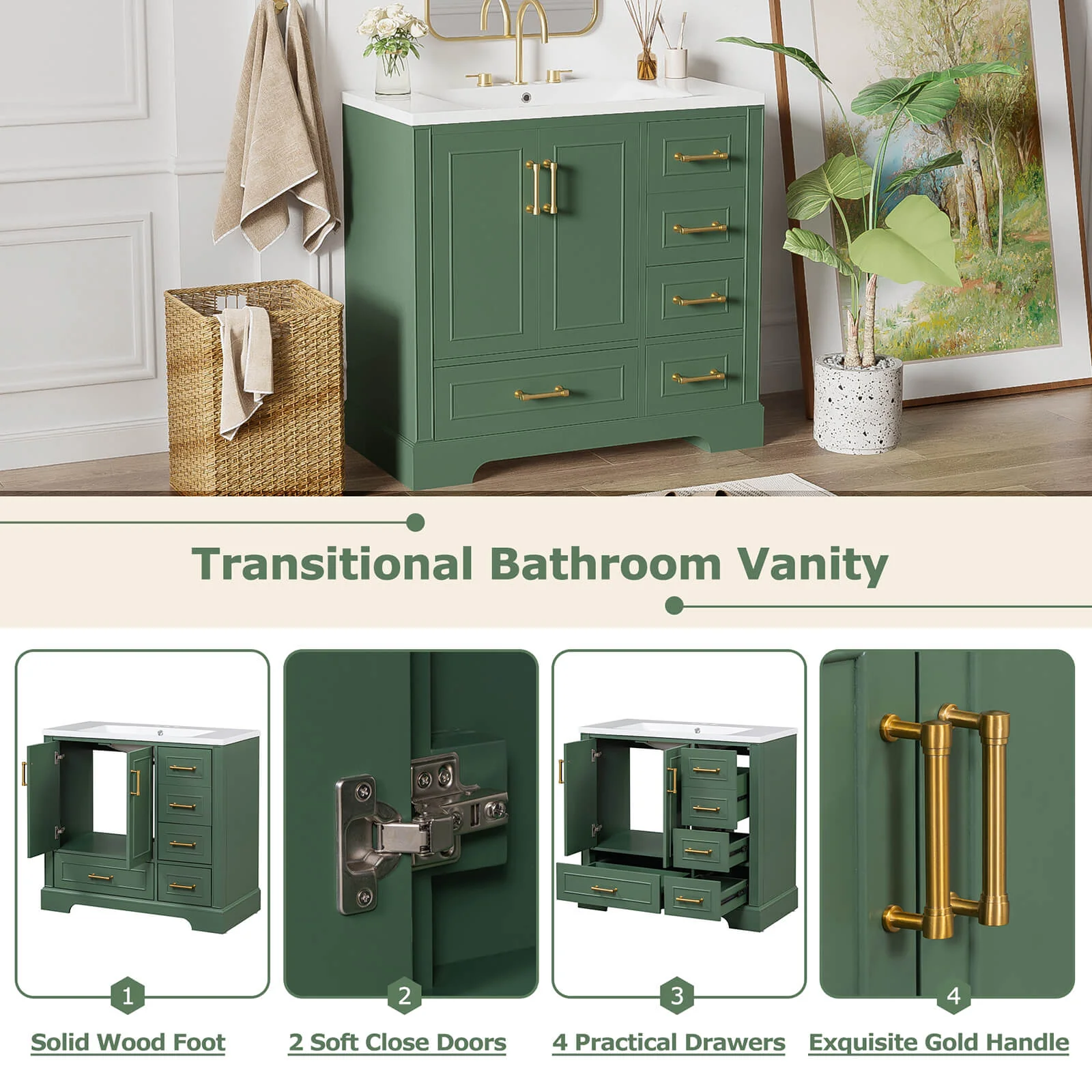 36" Traditional Green Bathroom Vanity with Resin Sink - Image 4
