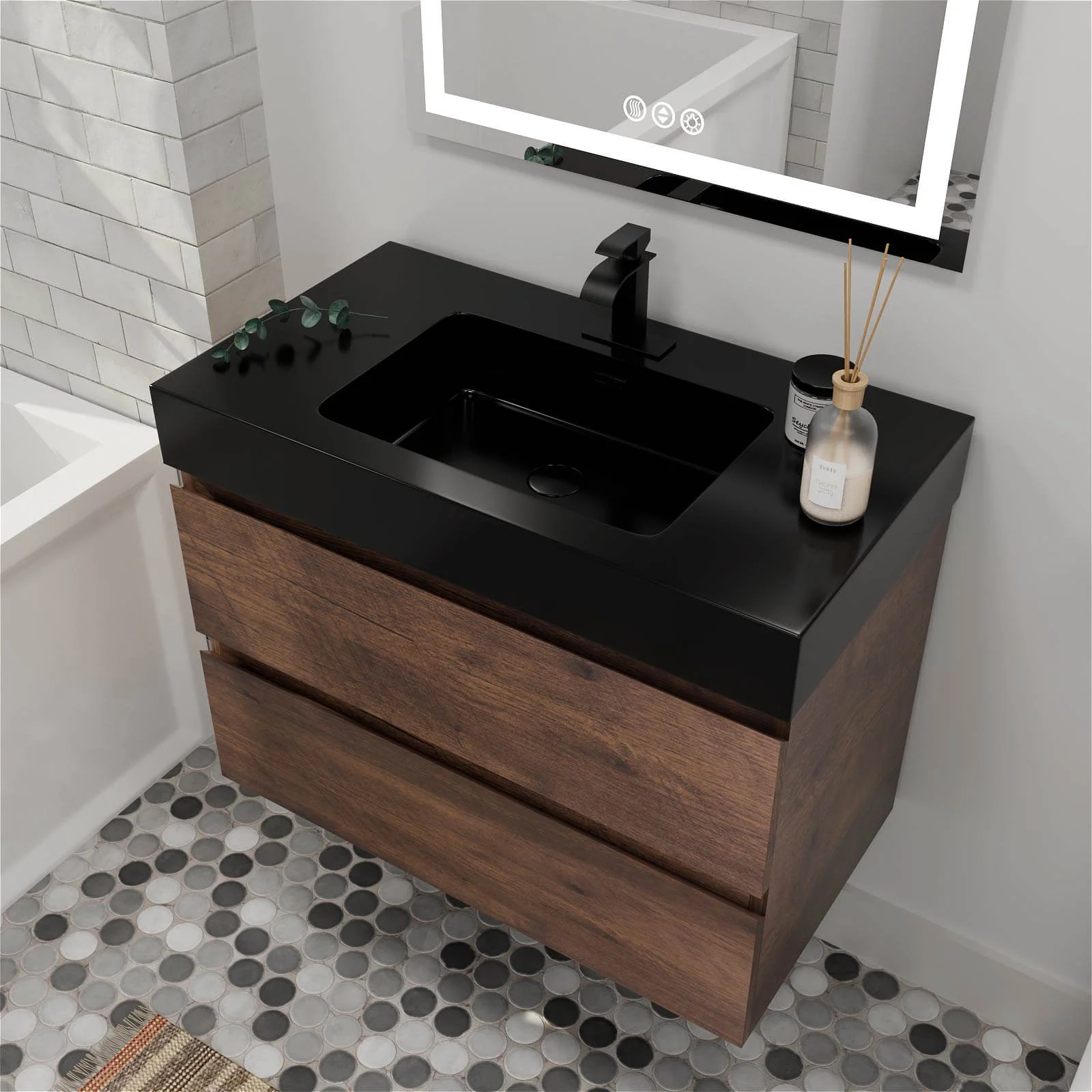 36" Walnut Bathroom Vanity with Integrated Black Sink Basin - Image 4
