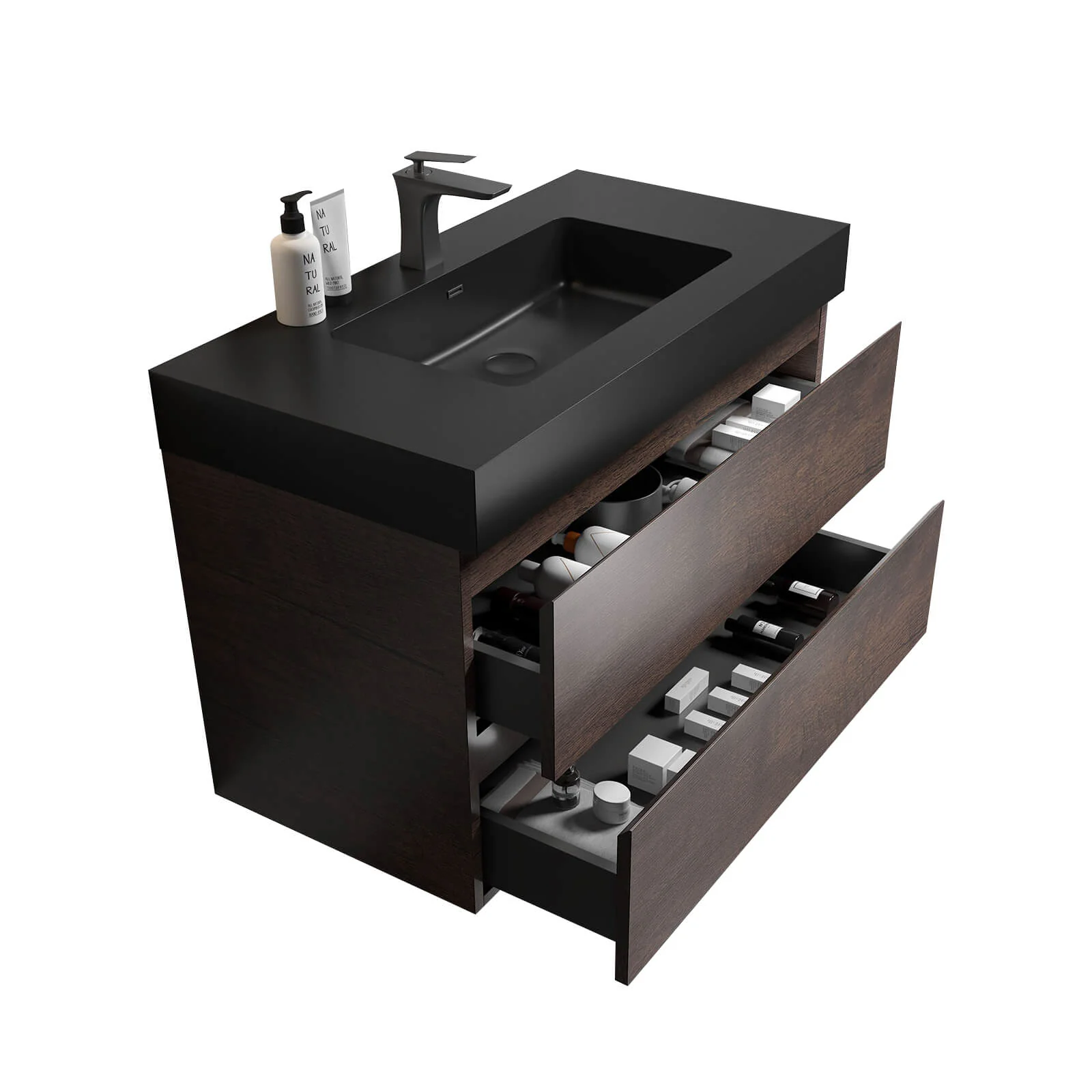 36" Walnut Bathroom Vanity with Integrated Black Sink Basin - Image 6