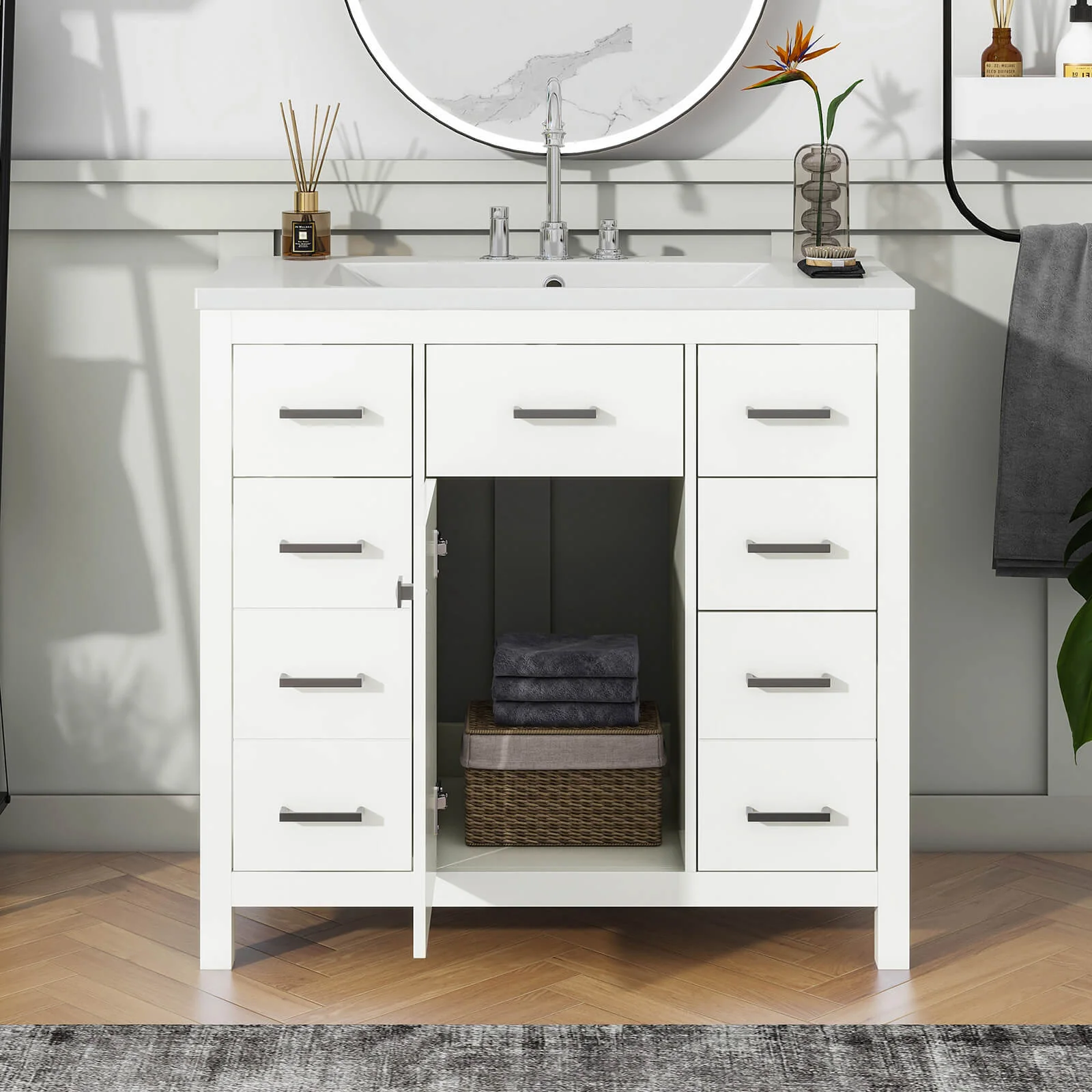 36" White Bathroom Vanity with 6 Drawers - Image 2