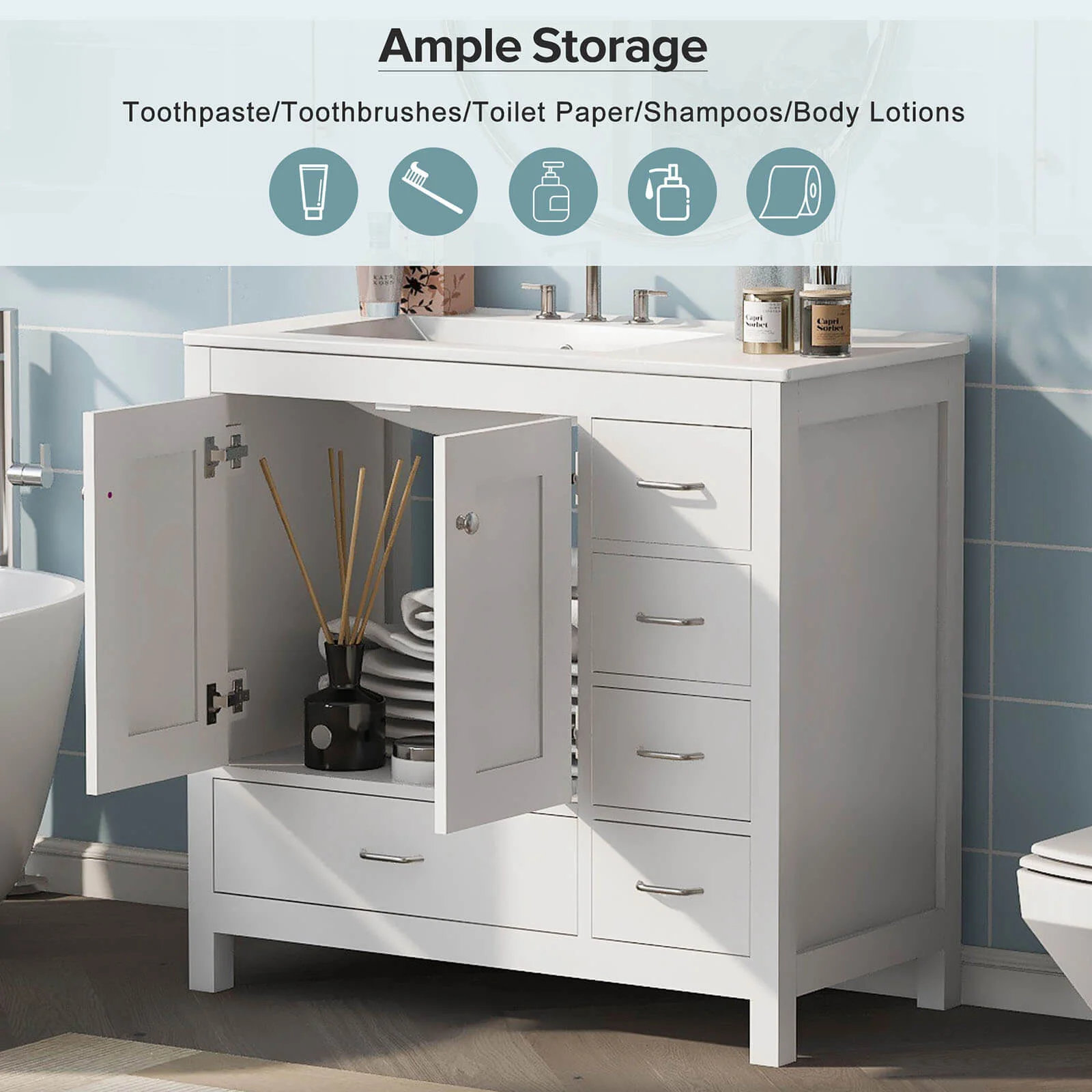 36" White Bathroom Vanity with Drawer on Right Side - Image 5