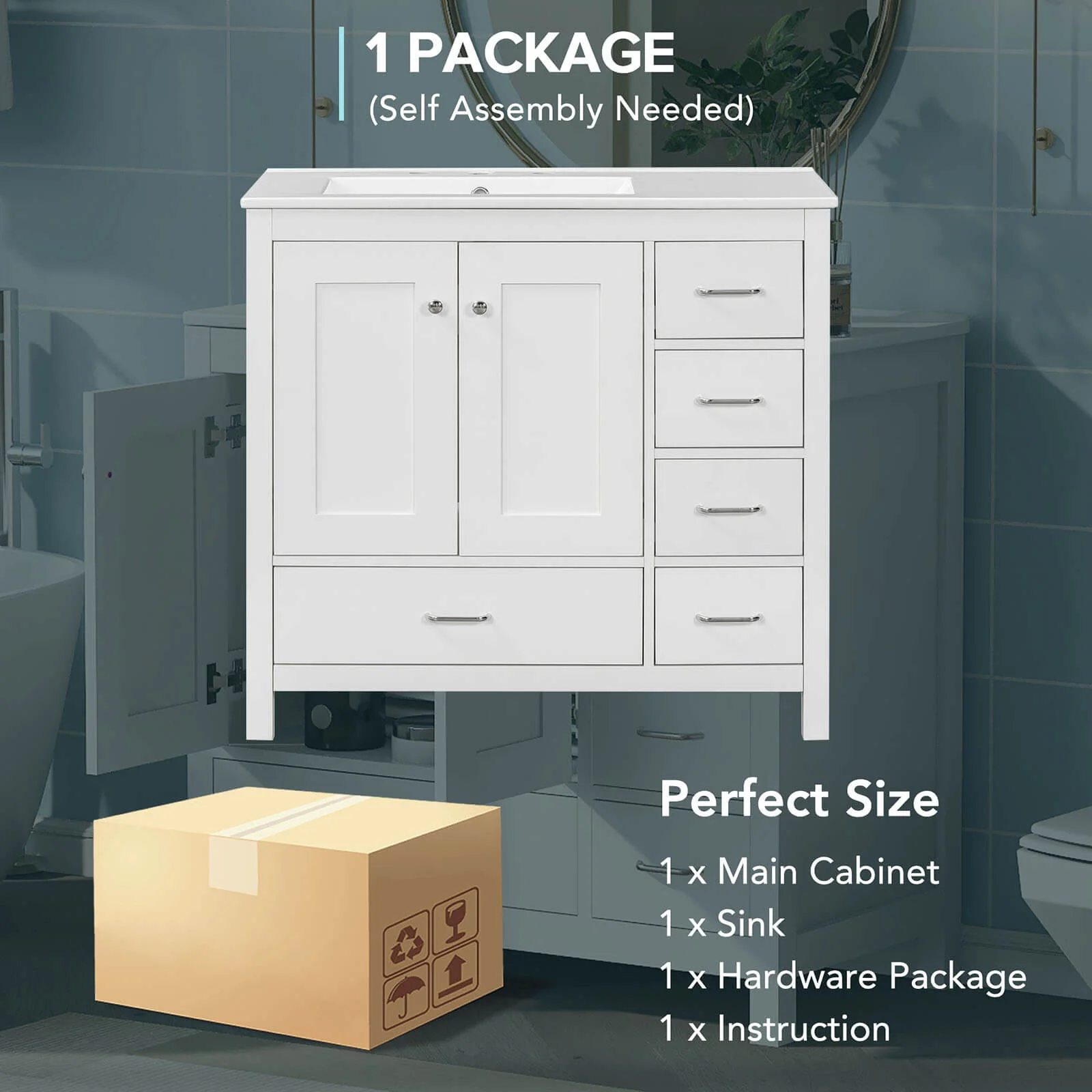 36" White Bathroom Vanity with Drawer on Right Side - Image 7