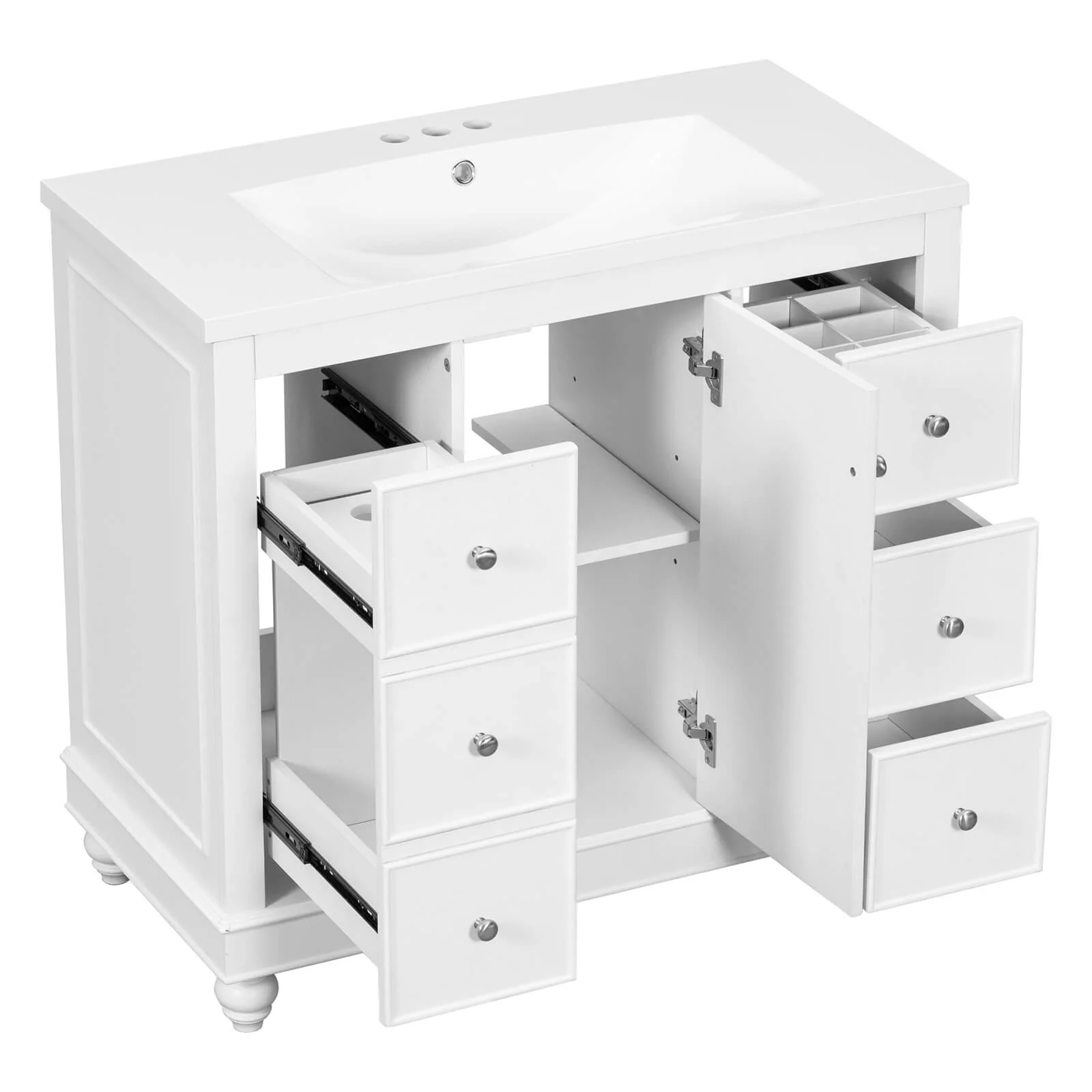 36" White Bathroom Vanity with Hair Dryer Storage - Image 15