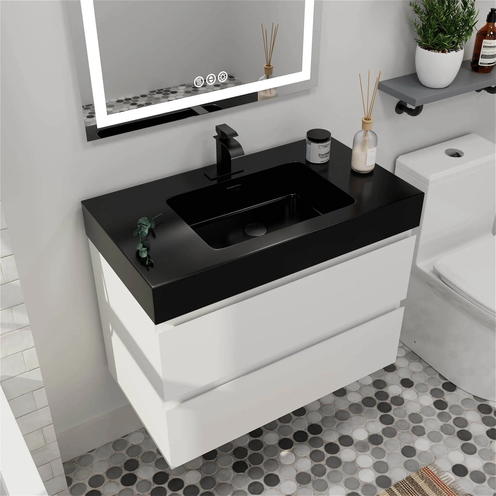 36" White Bathroom Vanity with Integrated Black Sink Basin - Image 3