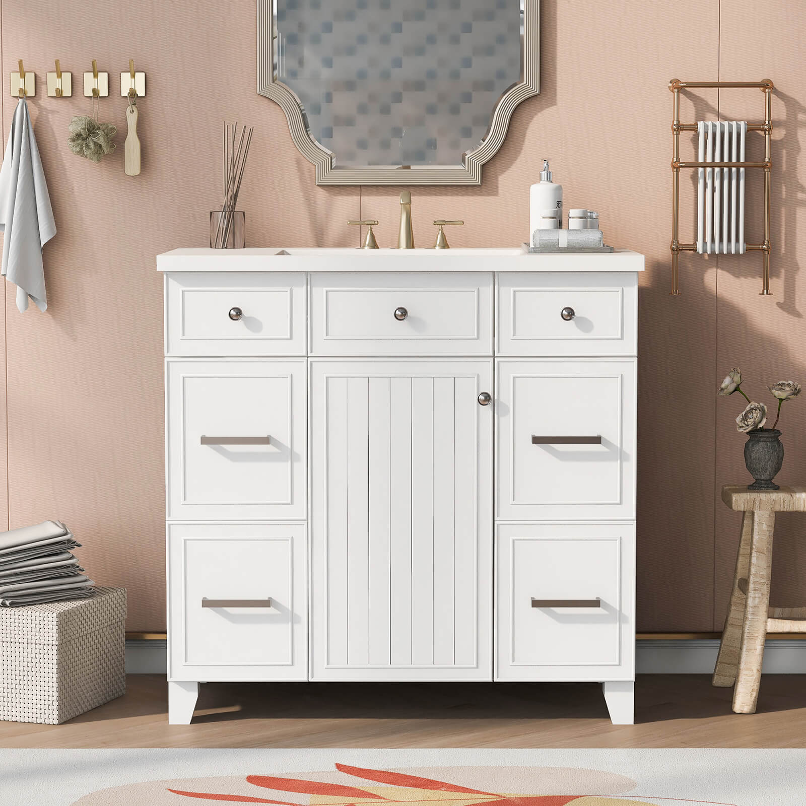 36" White Bathroom Vanity with Integrated Resin Sink