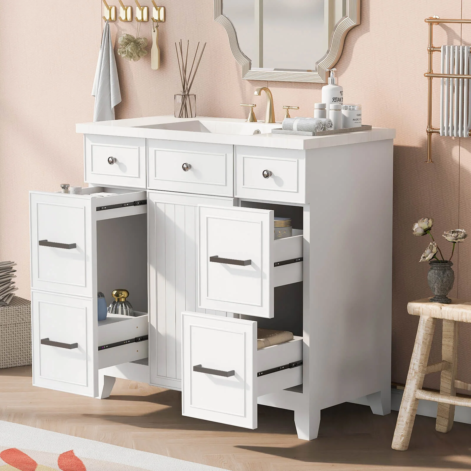 36" White Bathroom Vanity with Integrated Resin Sink - Image 2