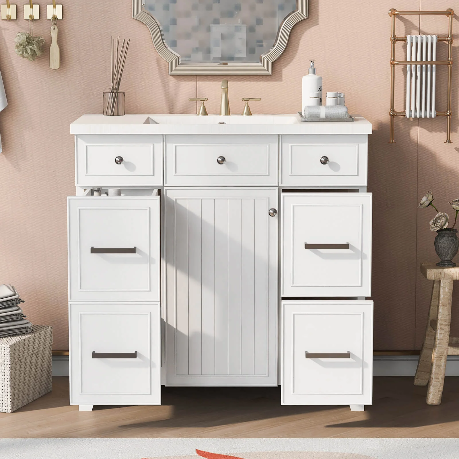 36" White Bathroom Vanity with Integrated Resin Sink - Image 3