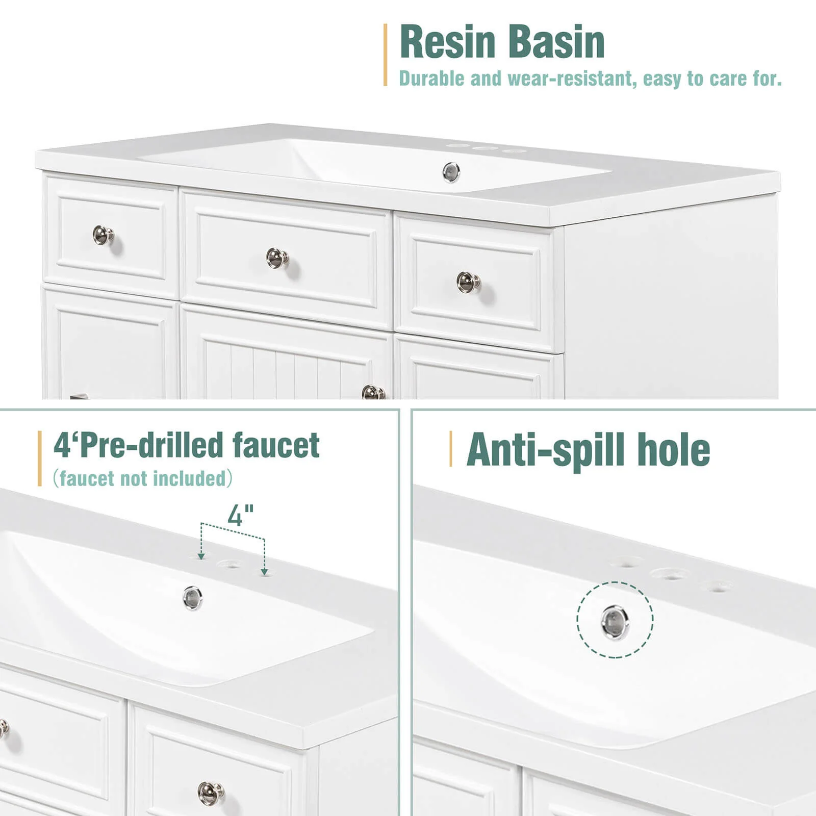 36" White Bathroom Vanity with Integrated Resin Sink - Image 5