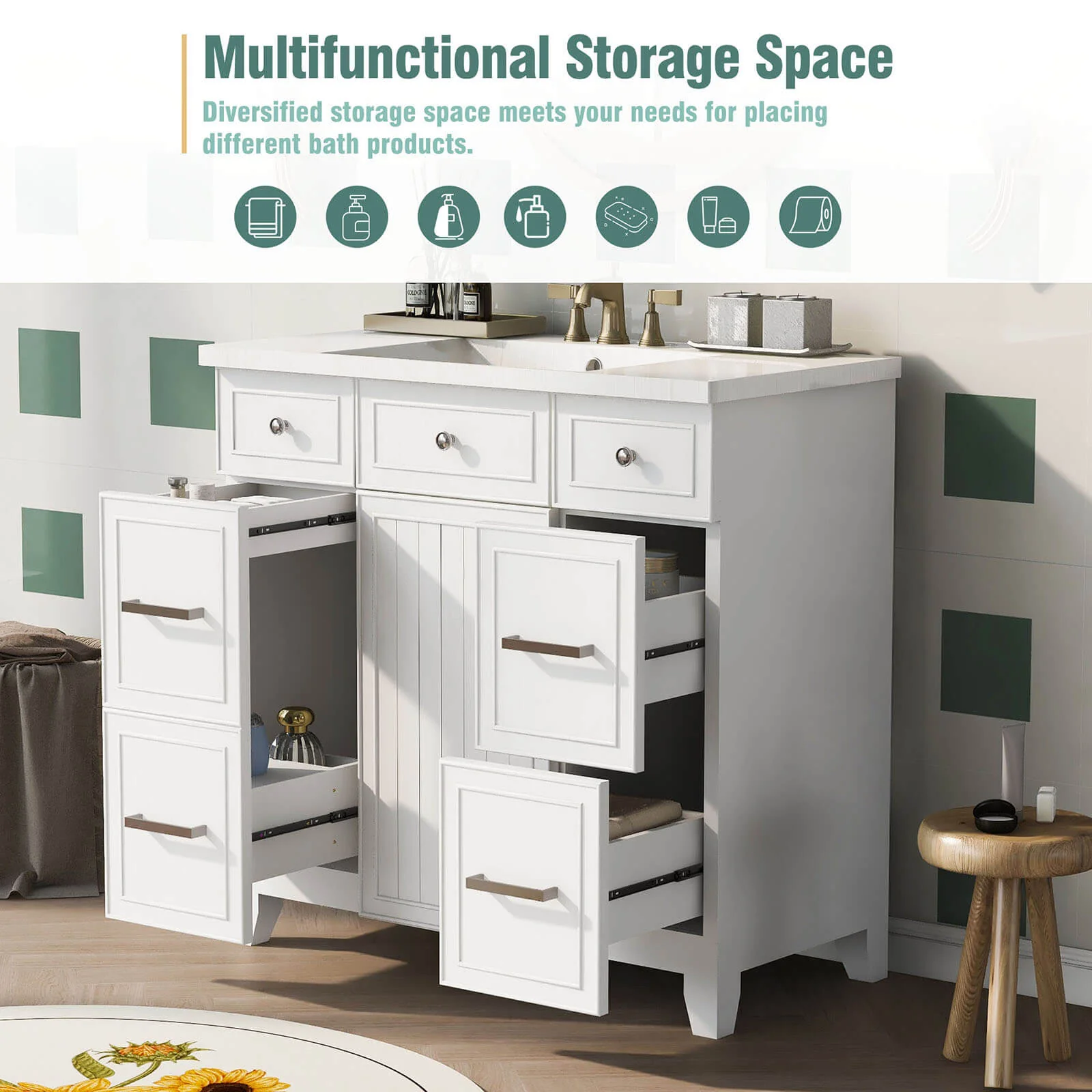 36" White Bathroom Vanity with Integrated Resin Sink - Image 6