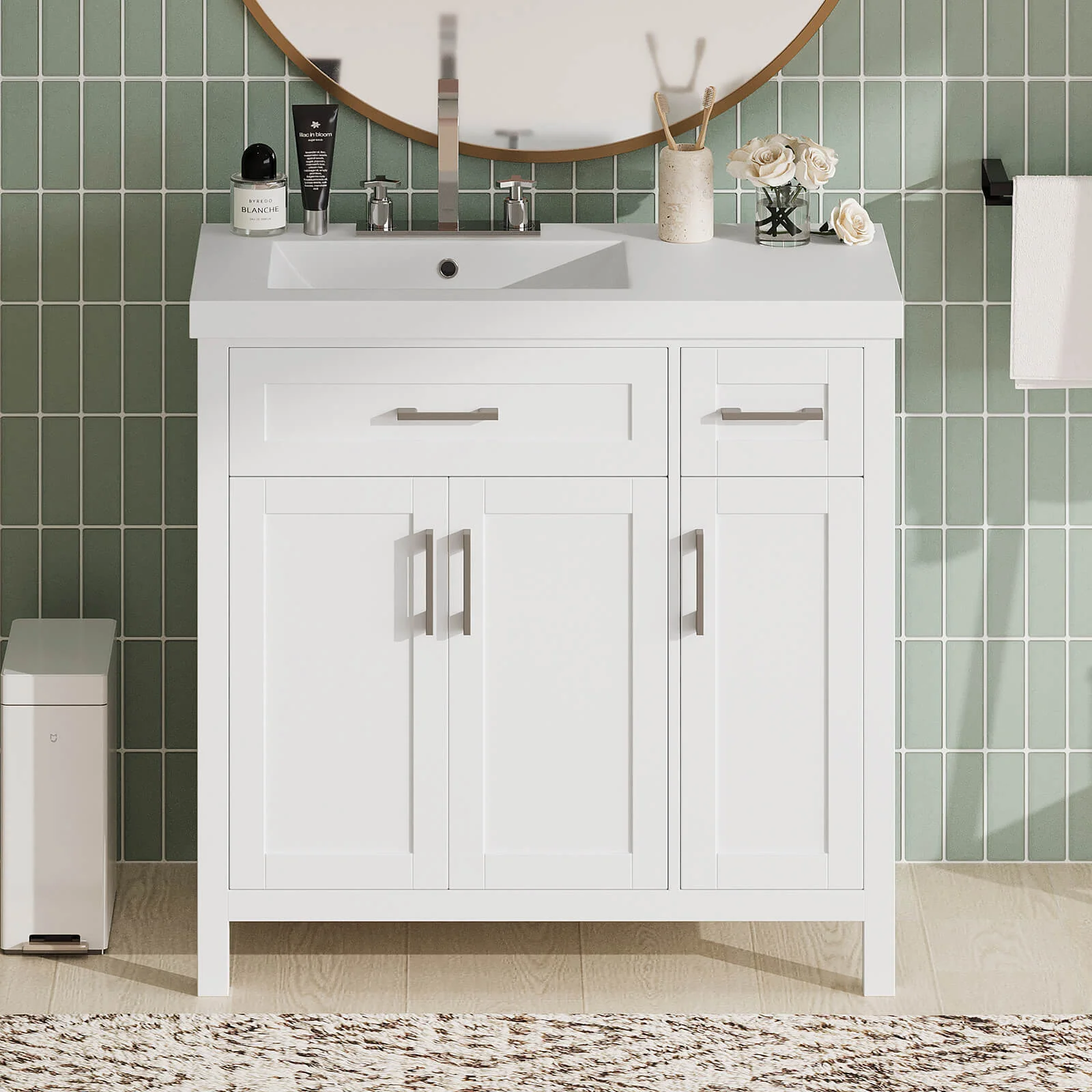 36" White Bathroom Vanity with Left Offset Sink