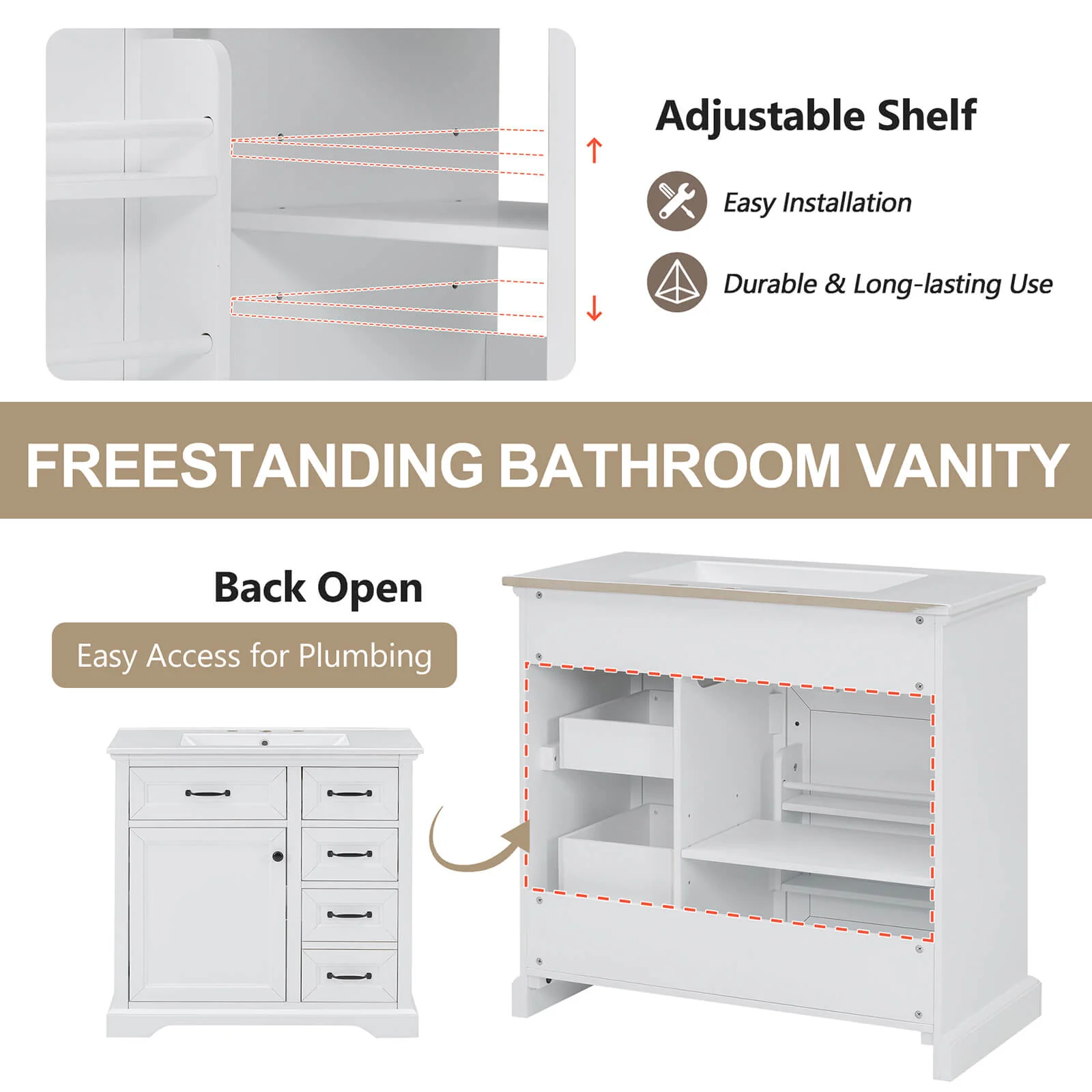 36" White Bathroom Vanity with Rubberwood Frame - Image 5